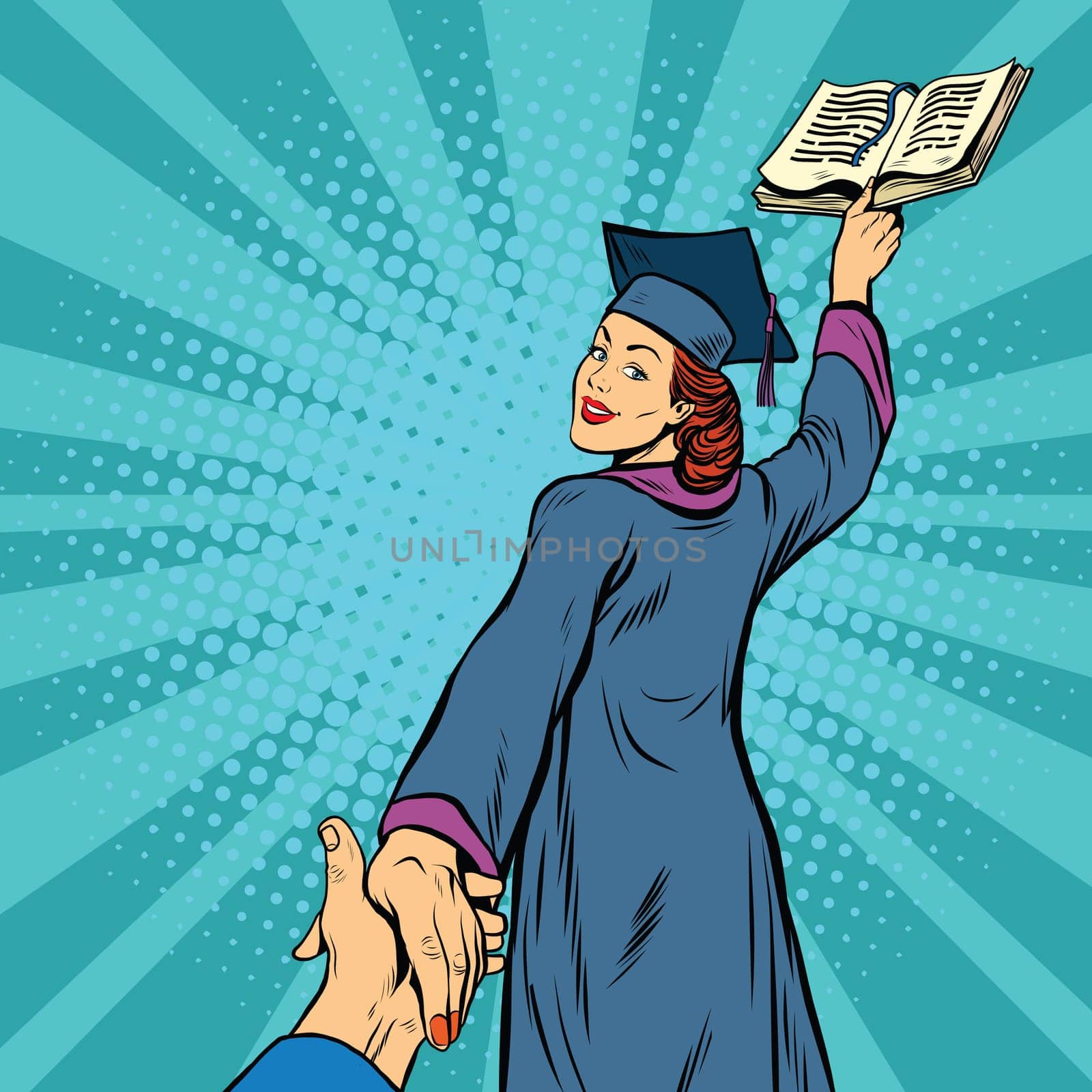 follow me, a woman student graduate knowledge education, pop art retro vector illustration