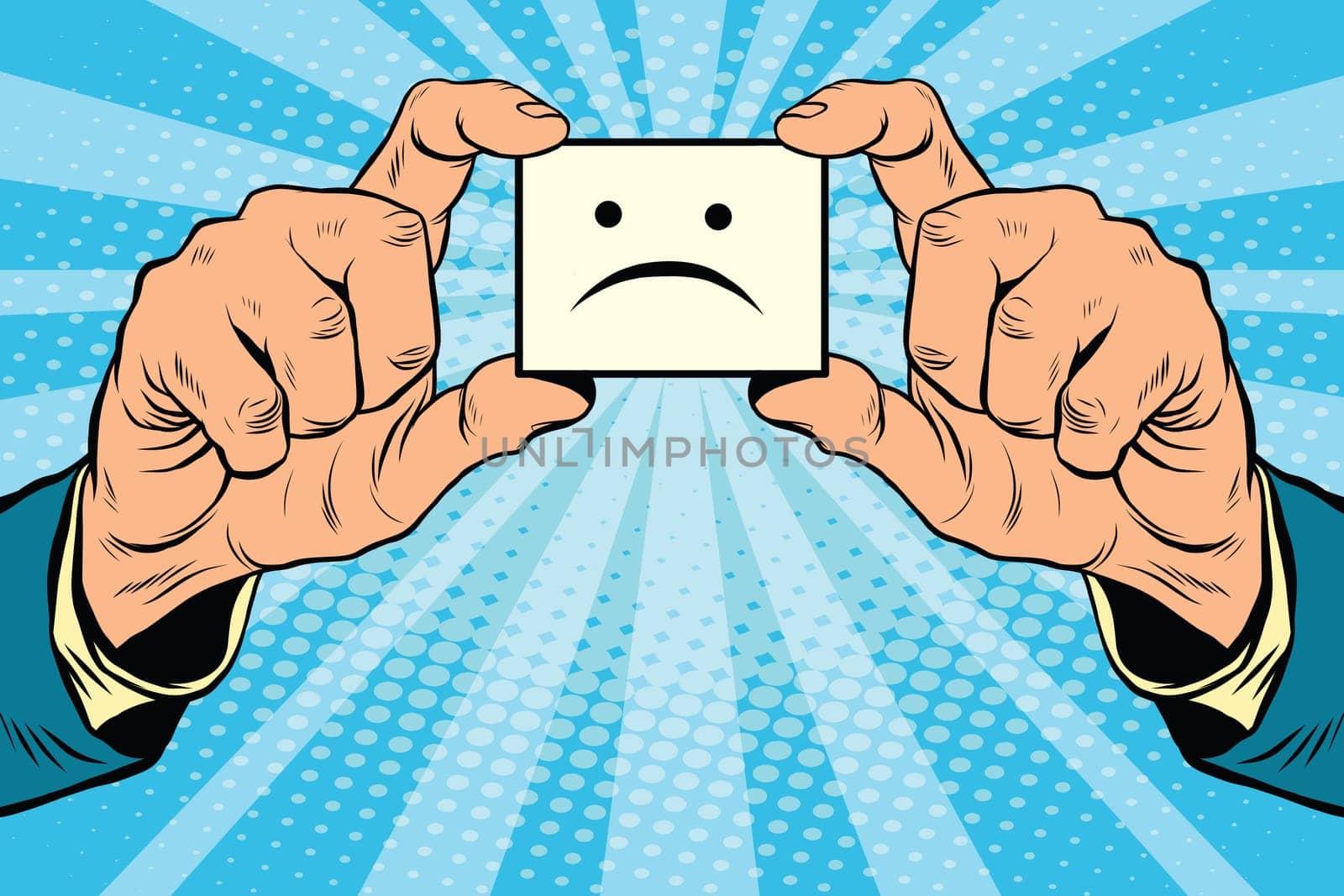 sadness Smiley face in hands, pop art retro vector illustration