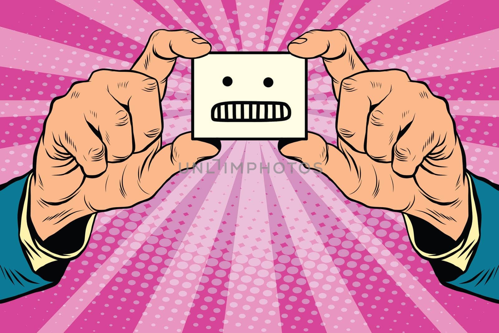 anger Smiley face in hands, pop art retro vector illustration