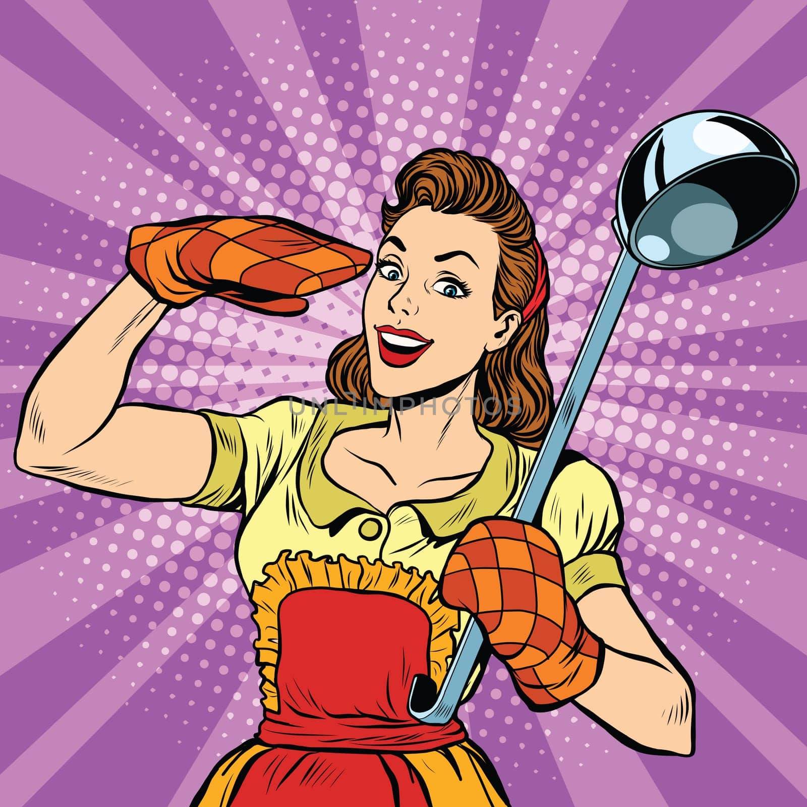 Retro housewife in kitchen, pop art  vector illustration. Cooking and food