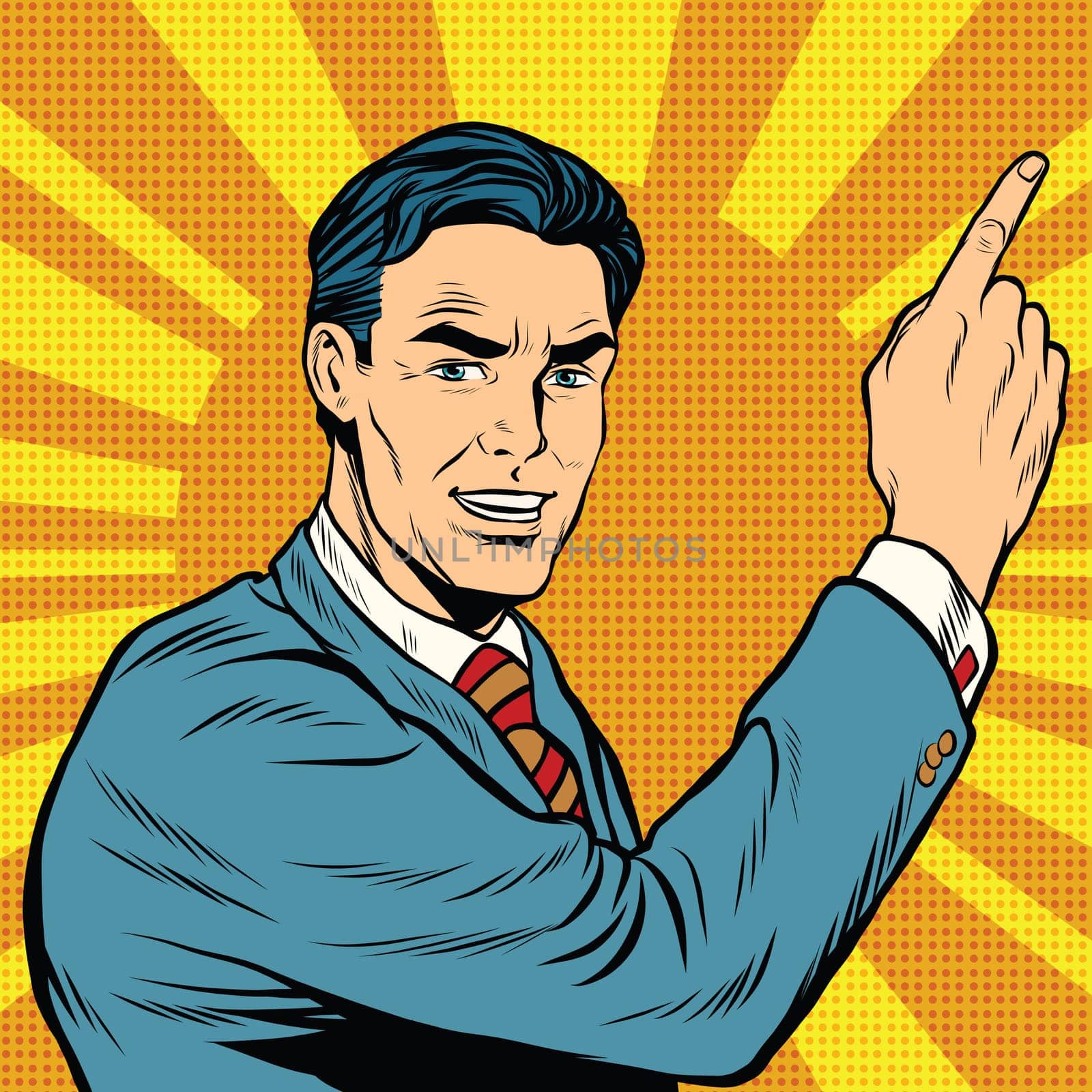 Male finger points, retro background pop art comic drawing illustration