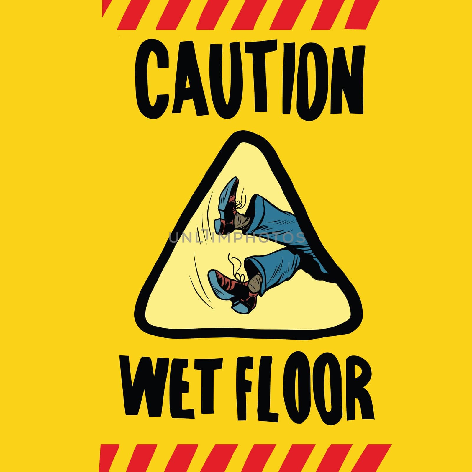 caution wet floor feet men, pop art retro vector illustration