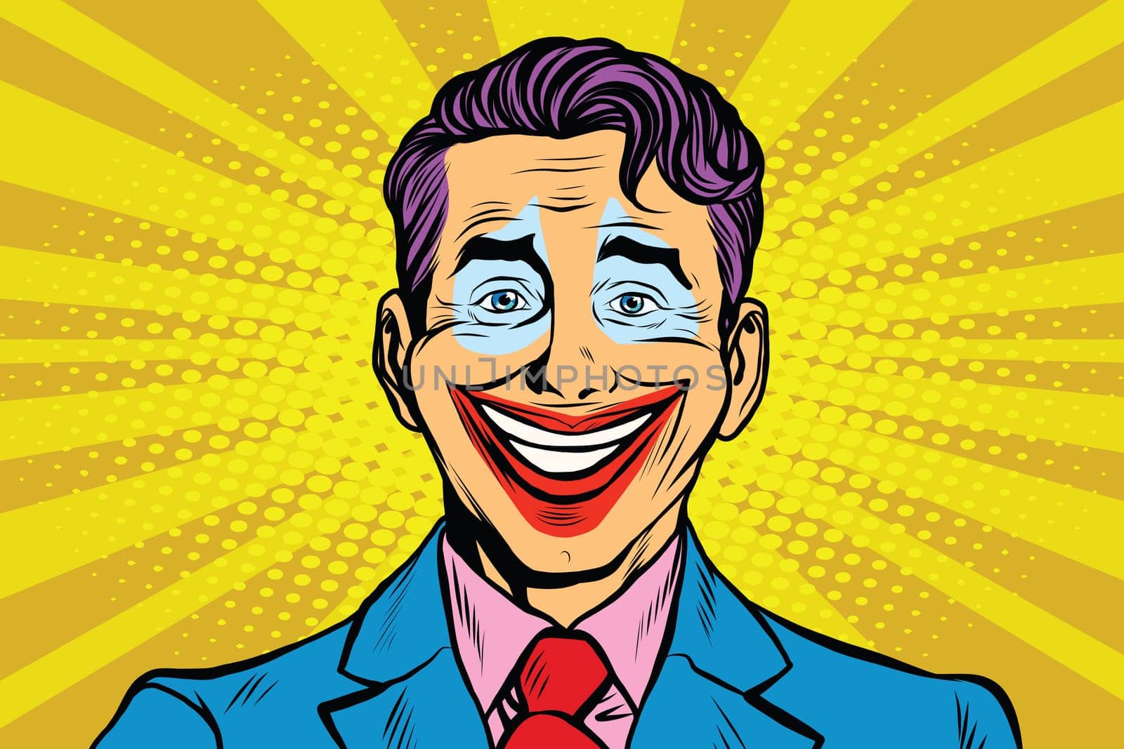 Clown smile joker face pop art retro vector illustration. Human emotions
