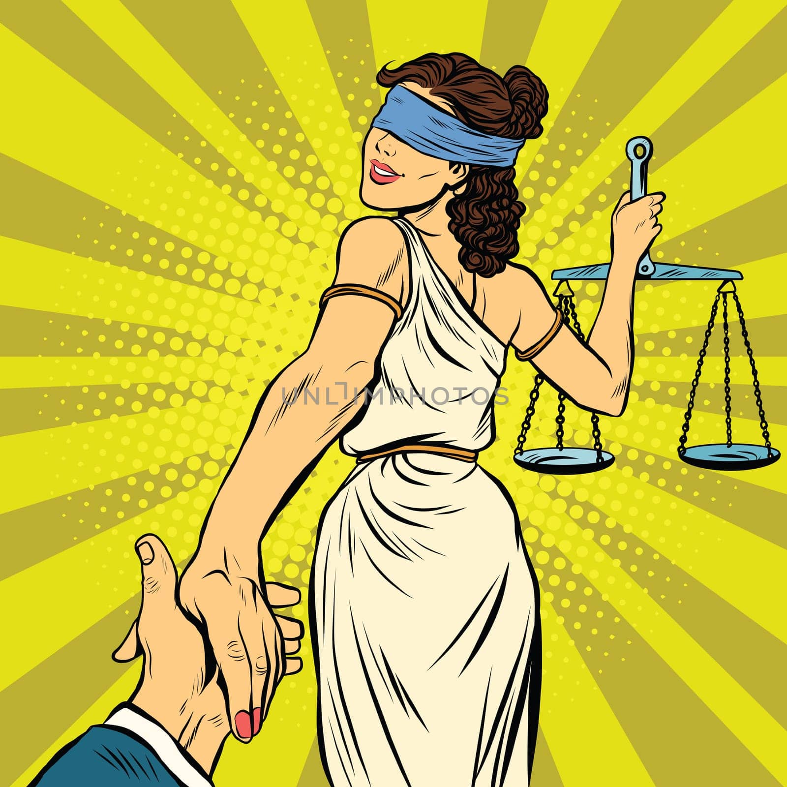 follow me, Themis leads to court, pop art retro vector illustration. Justice and law