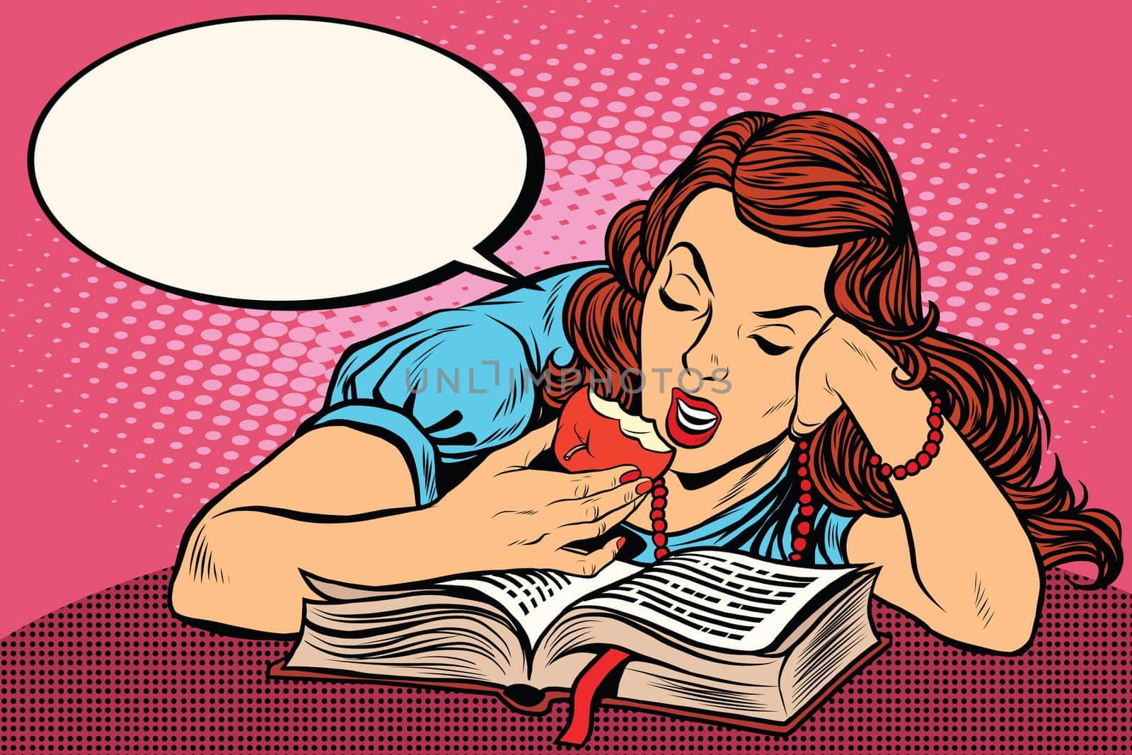 Woman reading a book and eating an Apple, pop art retro vector illustration
