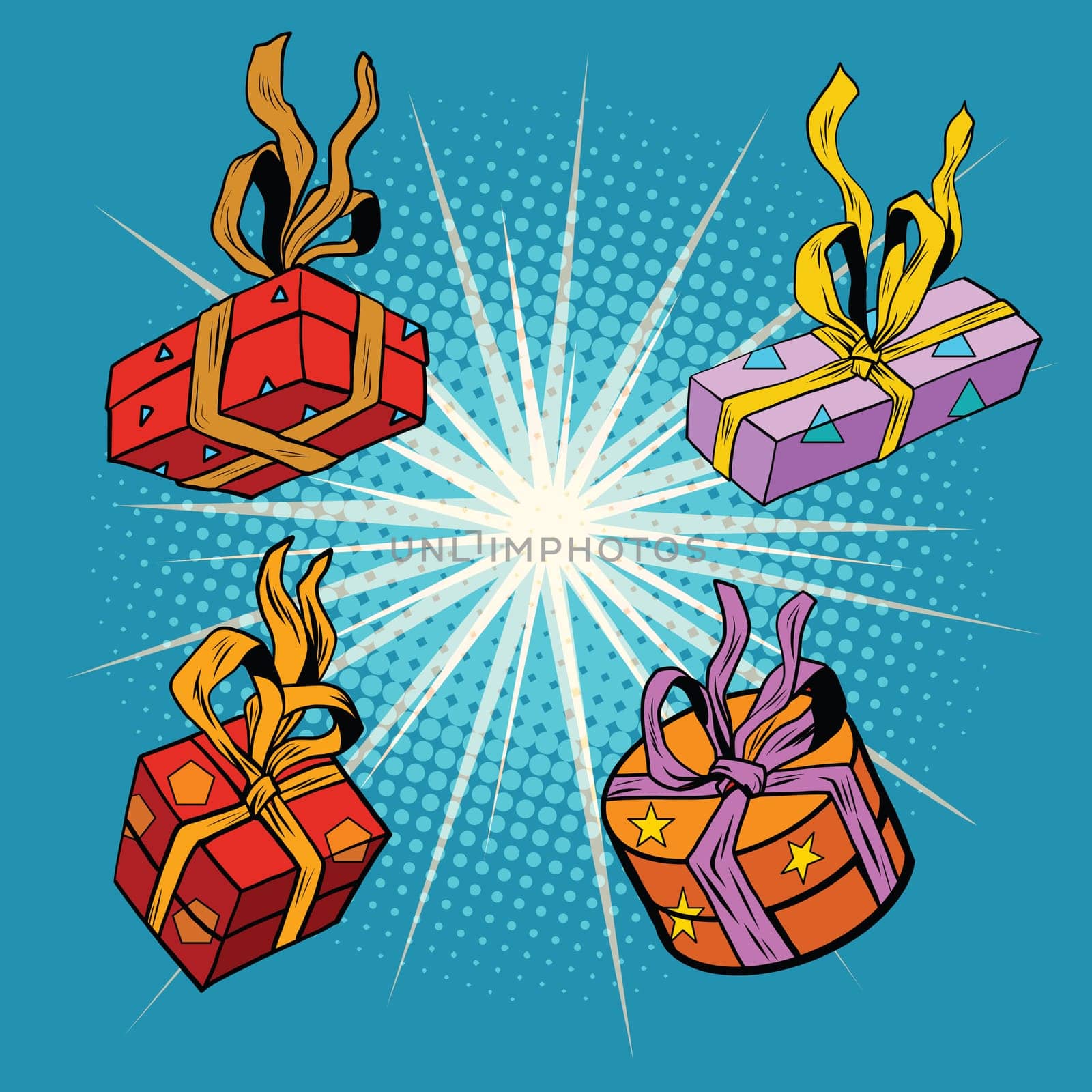 Set boxes with gifts, pop art retro vector illustration. Holiday, birthday and Christmas