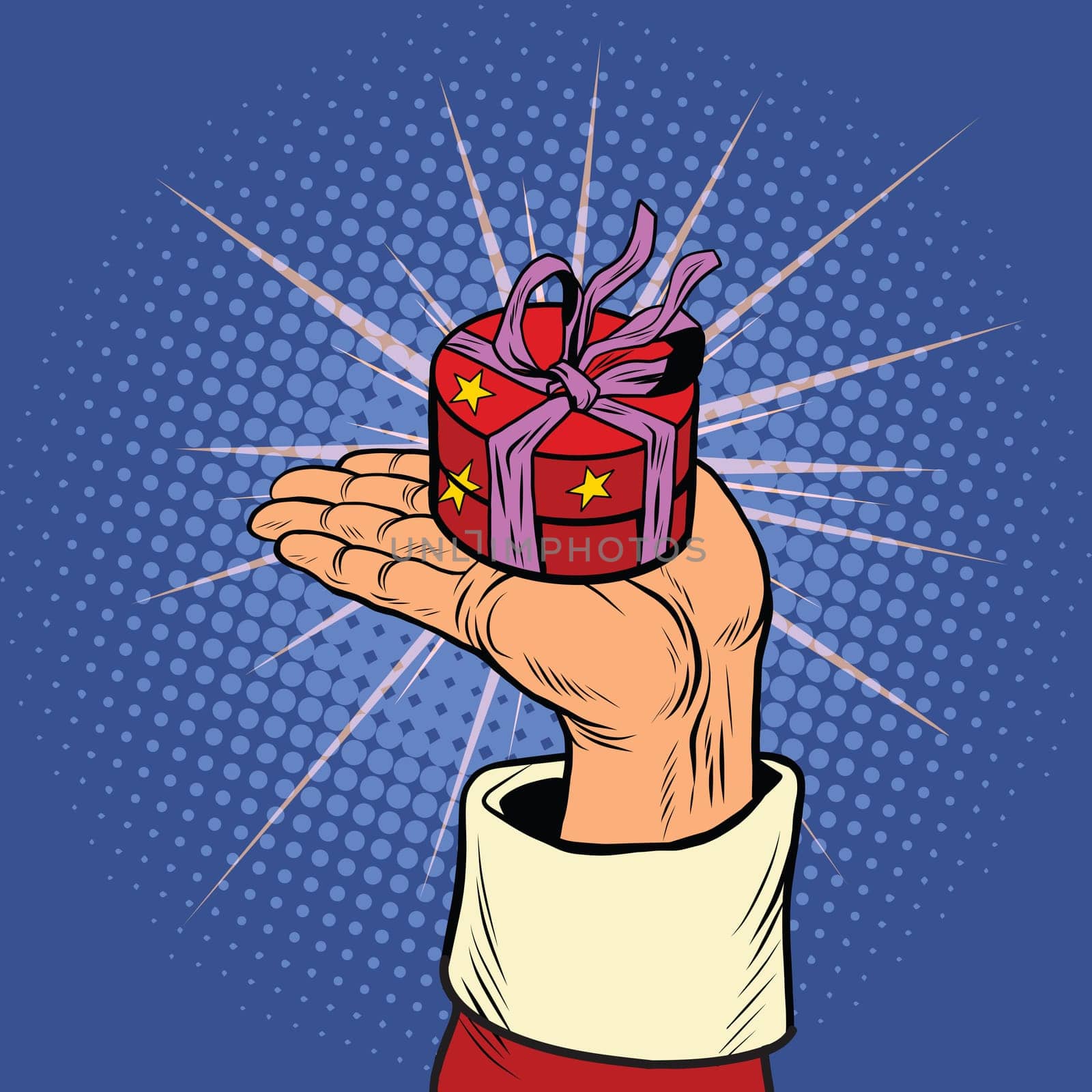 Hand of Santa Claus with round gift box, pop art retro vector illustration. Holidays new year and Christmas