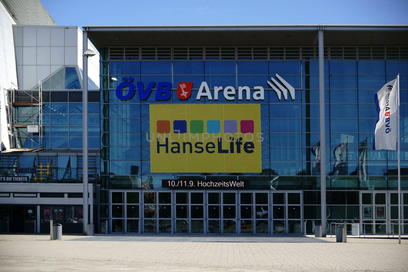 Bremen,Germany - August 30,2016: The modern glass façade of the ÖVB Arena,an event hall on August 30,2016 in Bremen.