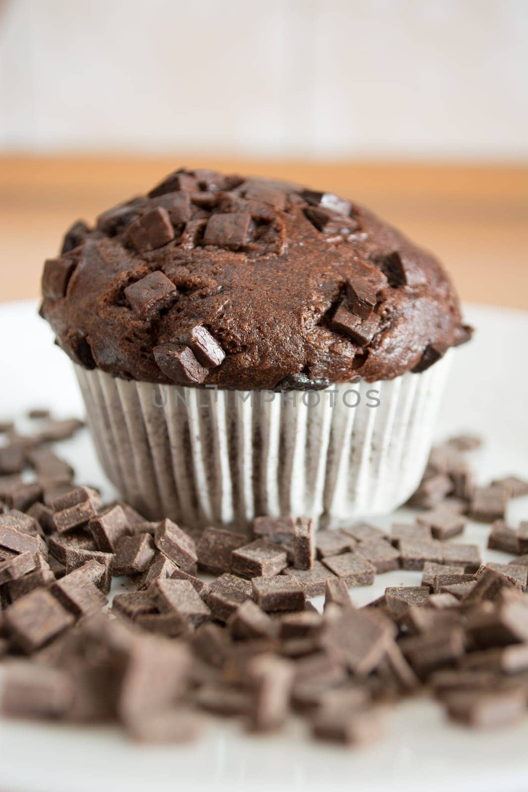 Isolated sweet chocolate cupcake in white plate. Plate and cupcakes are covered with chocolate crumbs