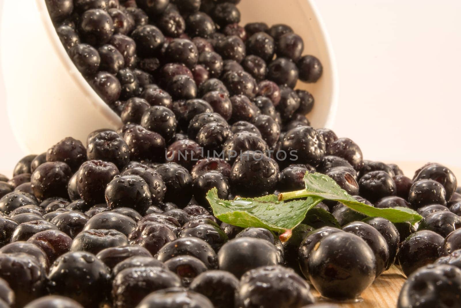 Fresh and tasty aronia spilled out of a bowl. Water droplets on fruit are visible