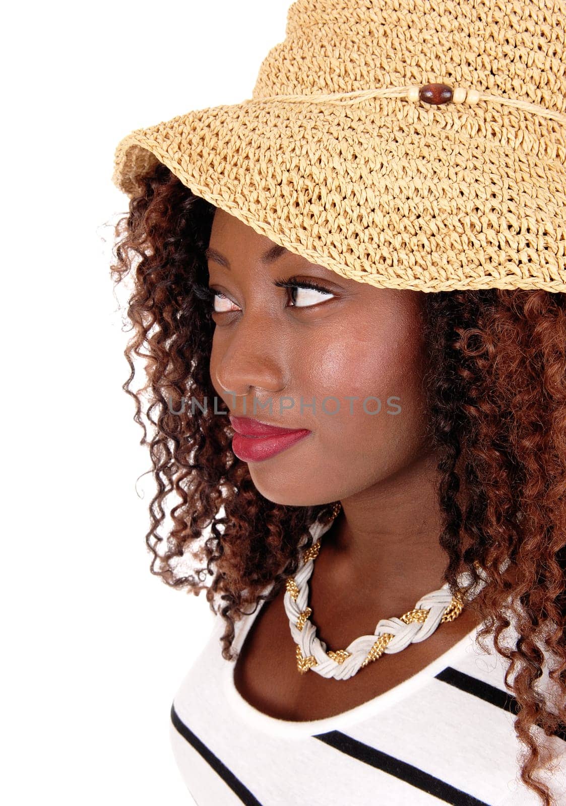 A closeup portrait image of a young African American woman wearing.a straw hat, isolated for white background..