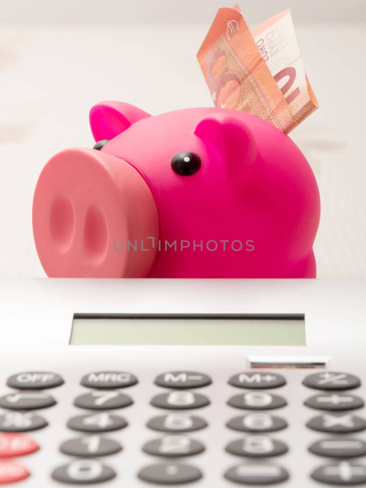 piggy bank with money and calculator