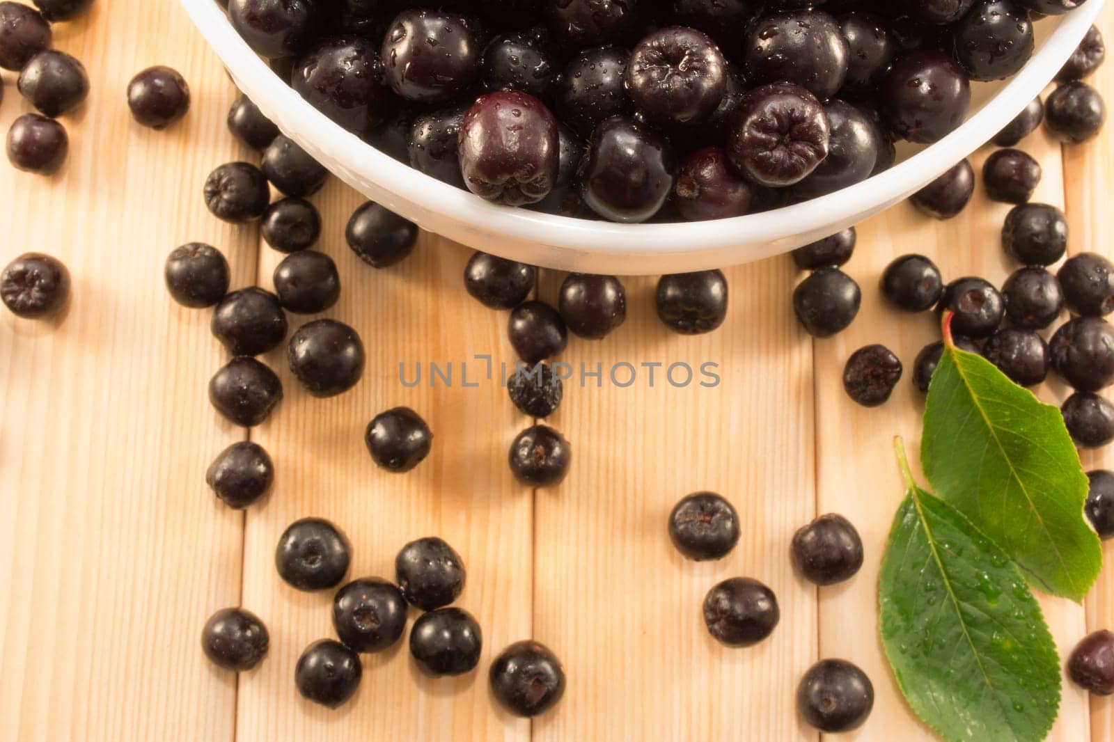 Fresh and tasty aronia spilled out of a bowl. Water droplets on fruit are visible