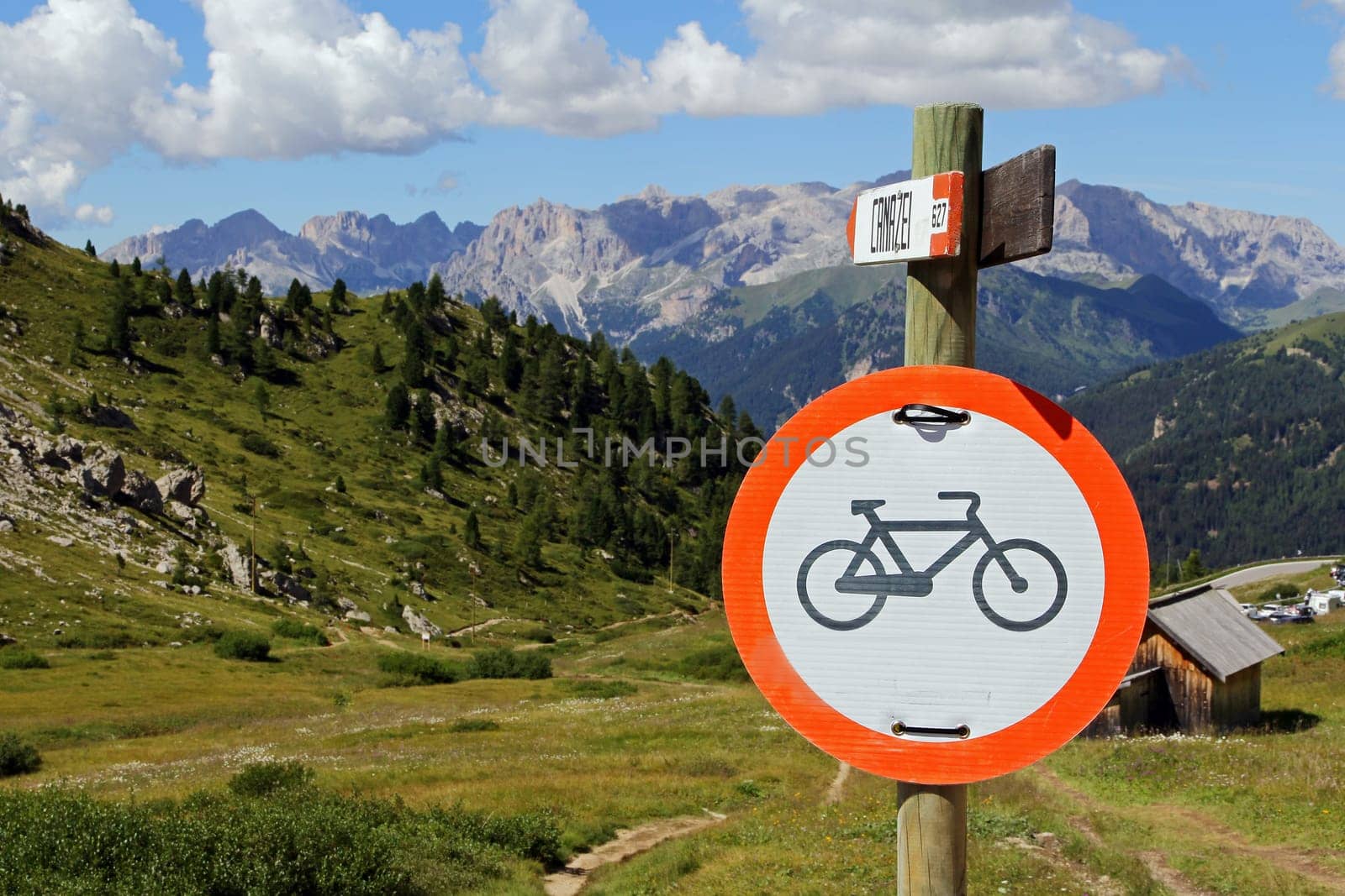 Traffic sign - cycling ban in the mountains. Cycling in the mountains prohibited