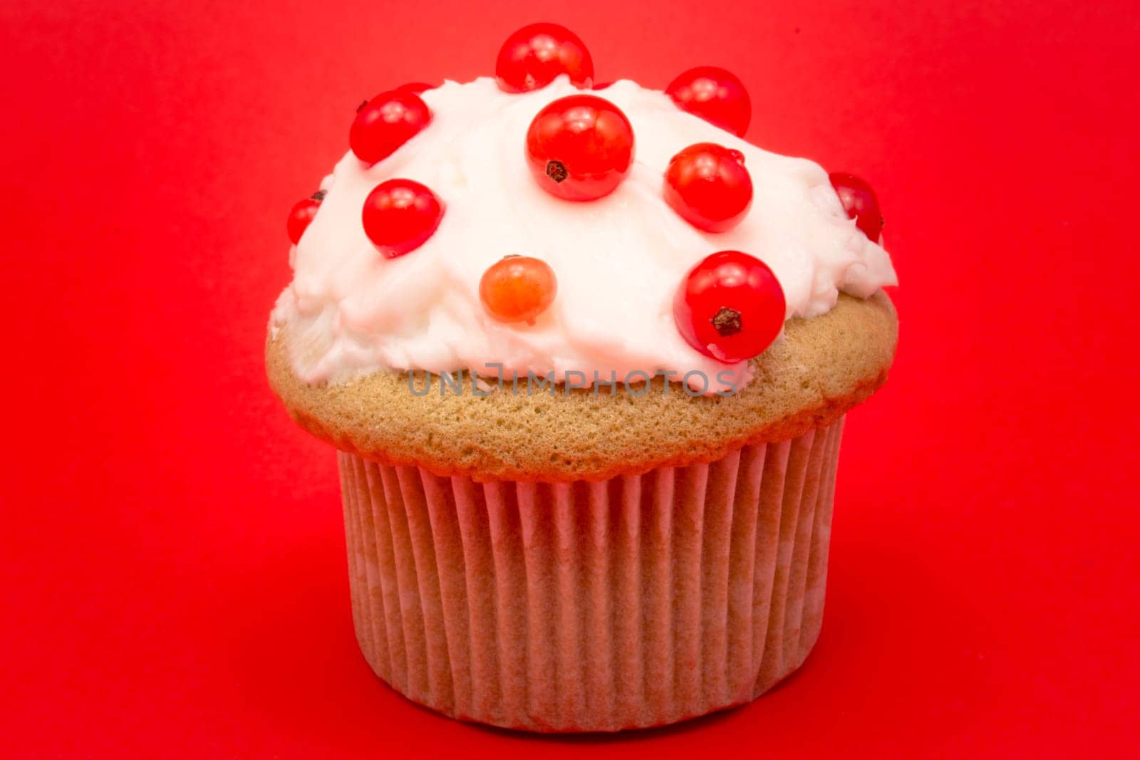 Cupcake with currant isolated on red background