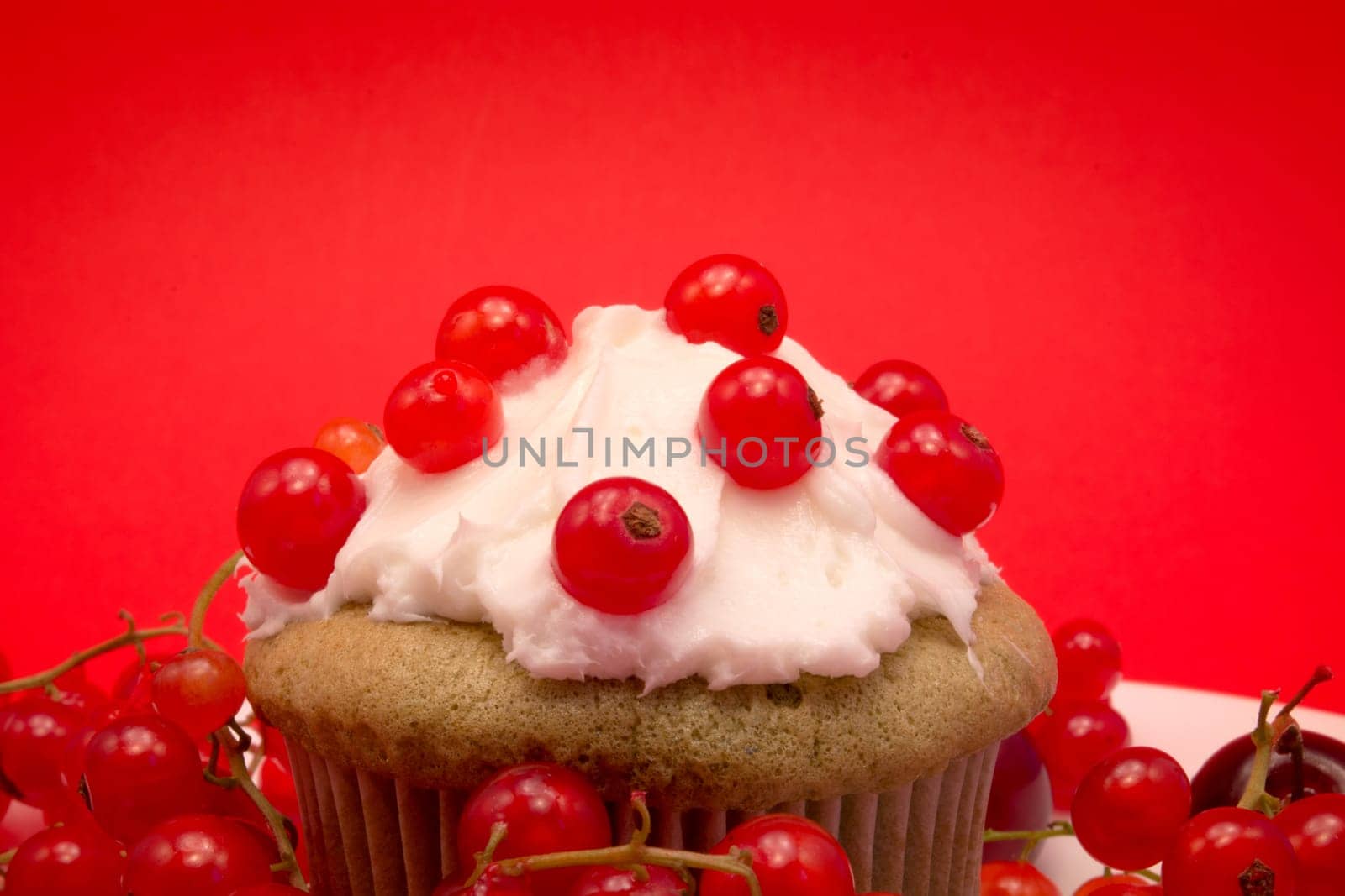 White plate with cupcake surrounded by red berries and cherries isolated on red background