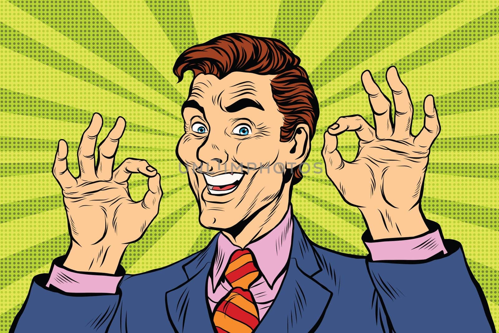 Smiling man gesture okay, pop art retro comic book illustration