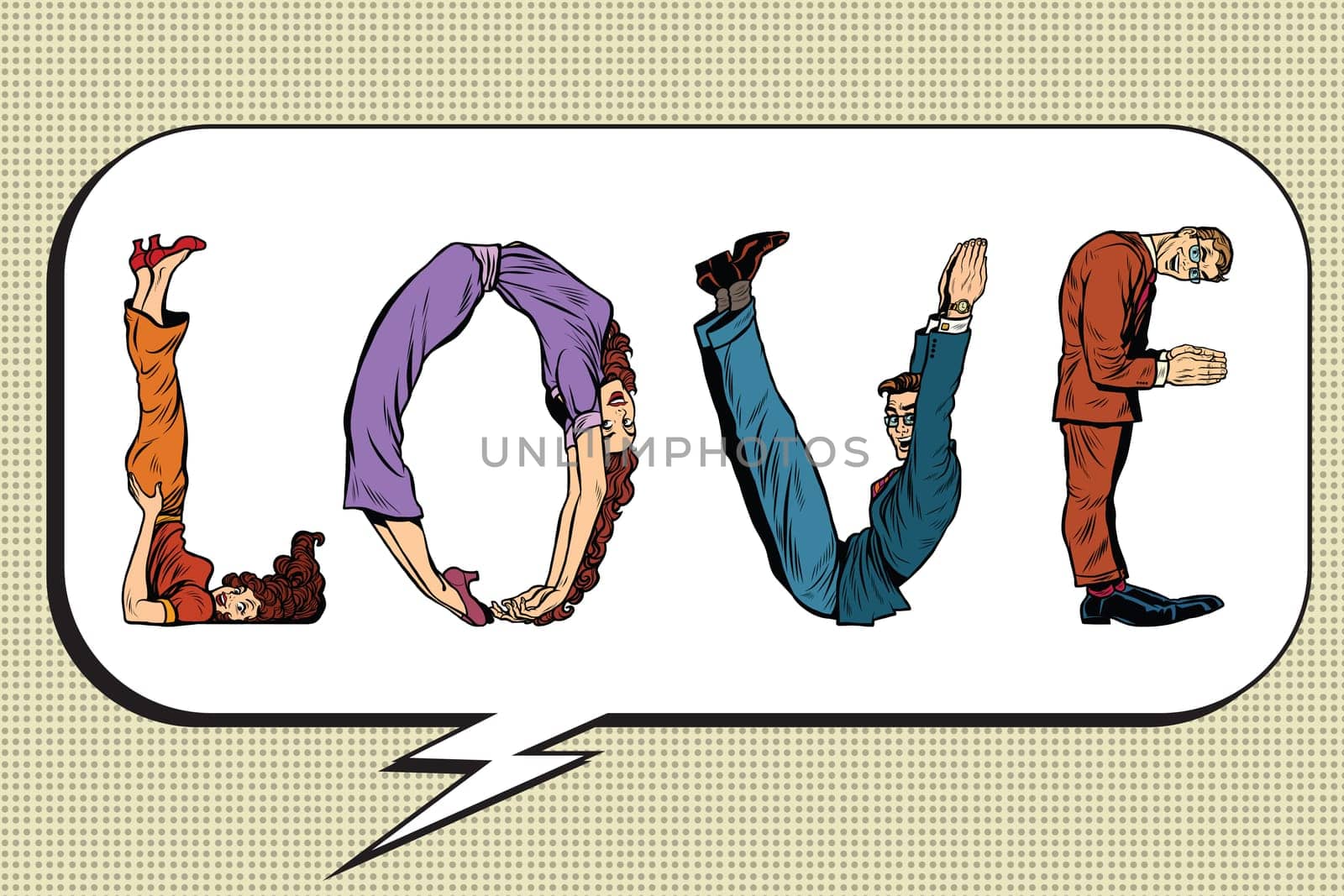 Love the inscription of human figures, pop art retro comic book illustration