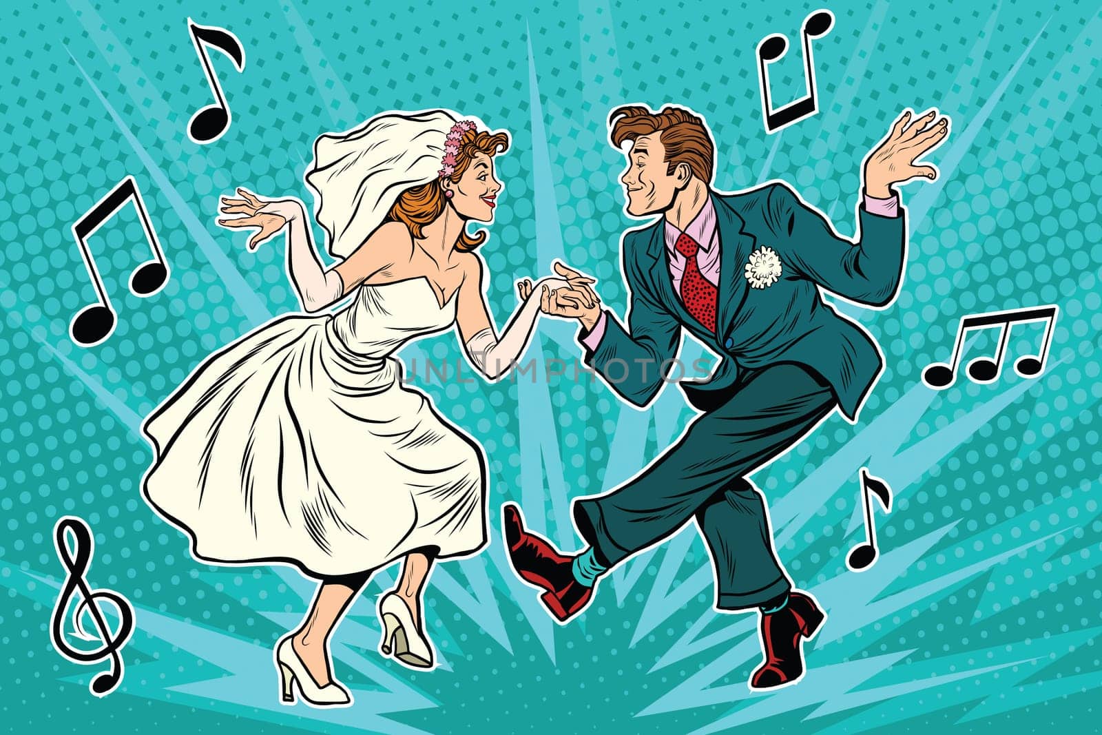 dancing bride and groom, pop art retro comic book illustration. Wedding dance. Twist, rock and partner dance