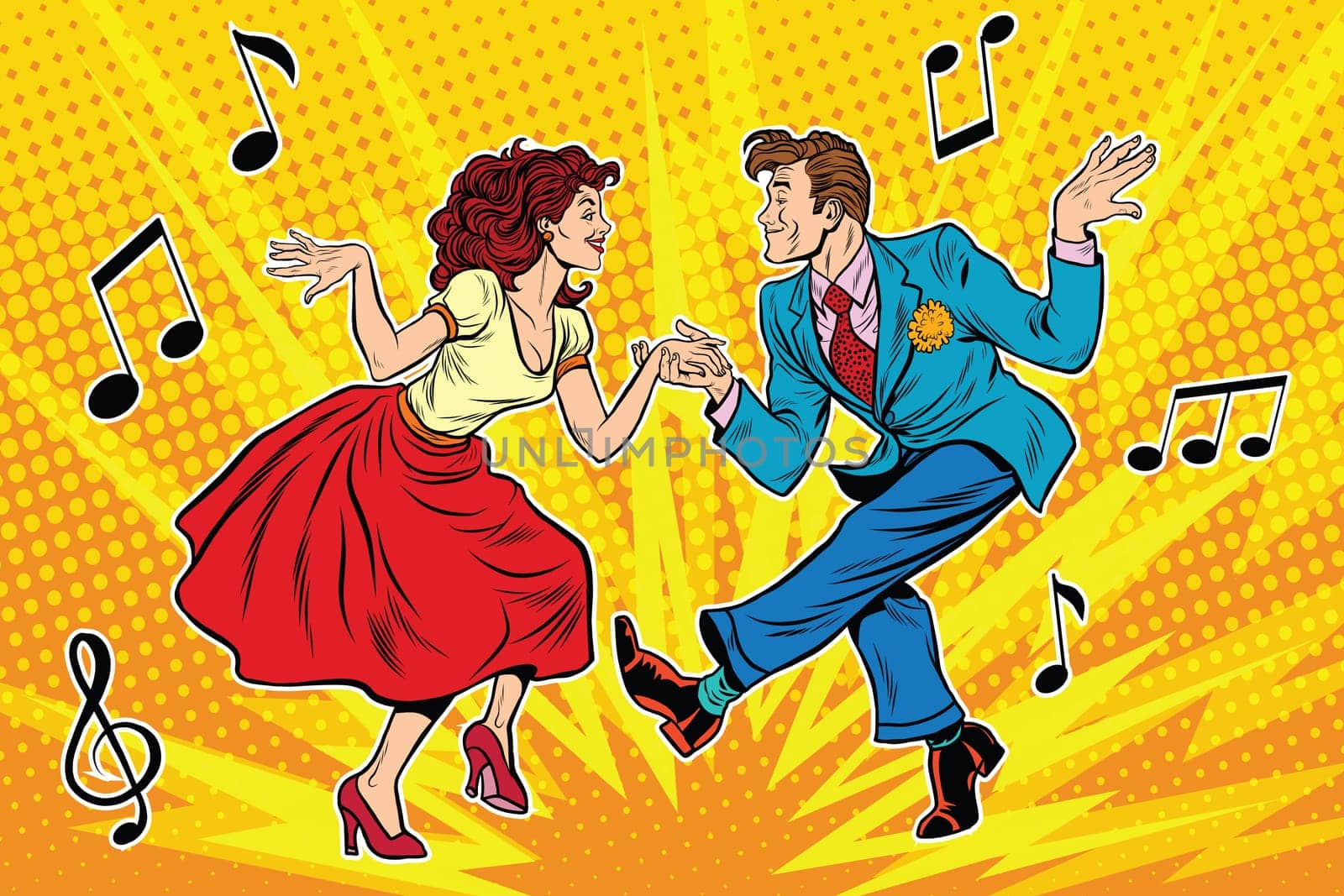 couple man and woman dancing, vintage dance, pop art retro comic book illustration