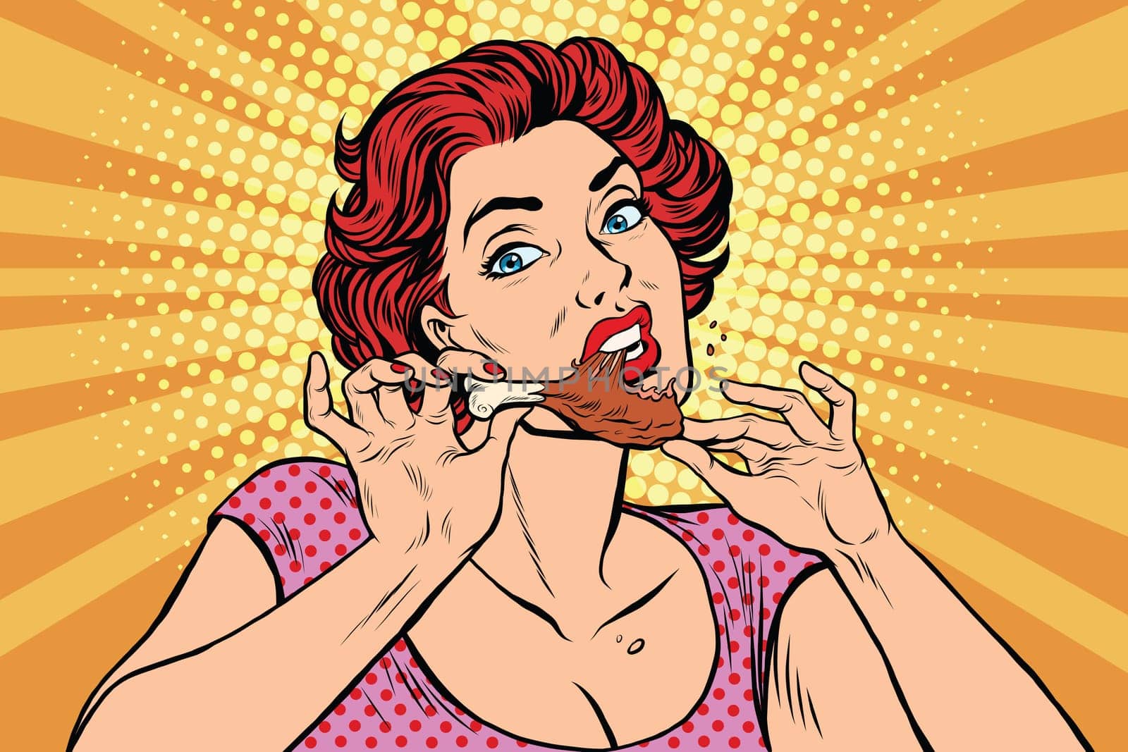 Woman eating a chicken leg, pop art retro comic book illustration. Restaurant and fast food, homemade food