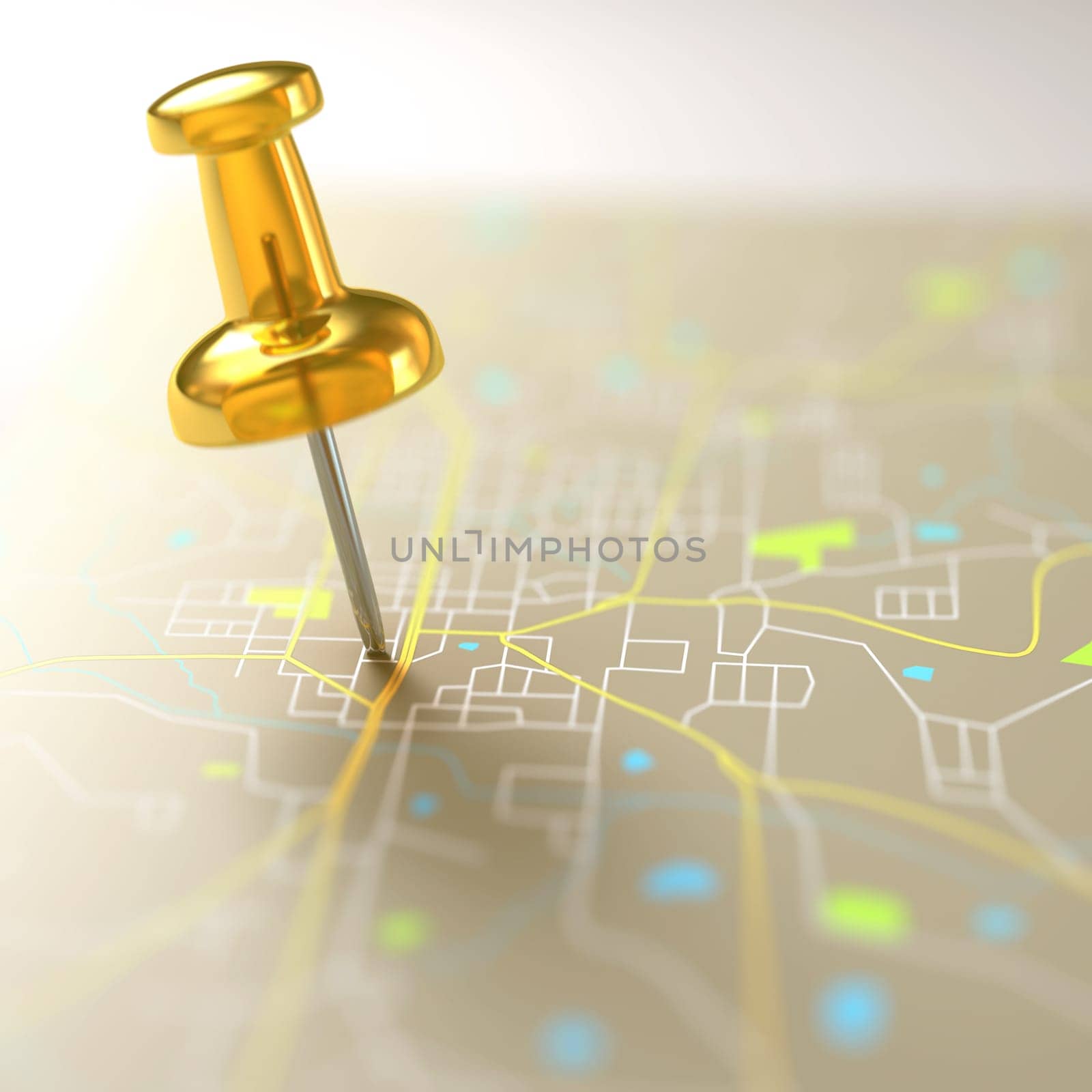 Pin stuck on a street map in a fictional city.