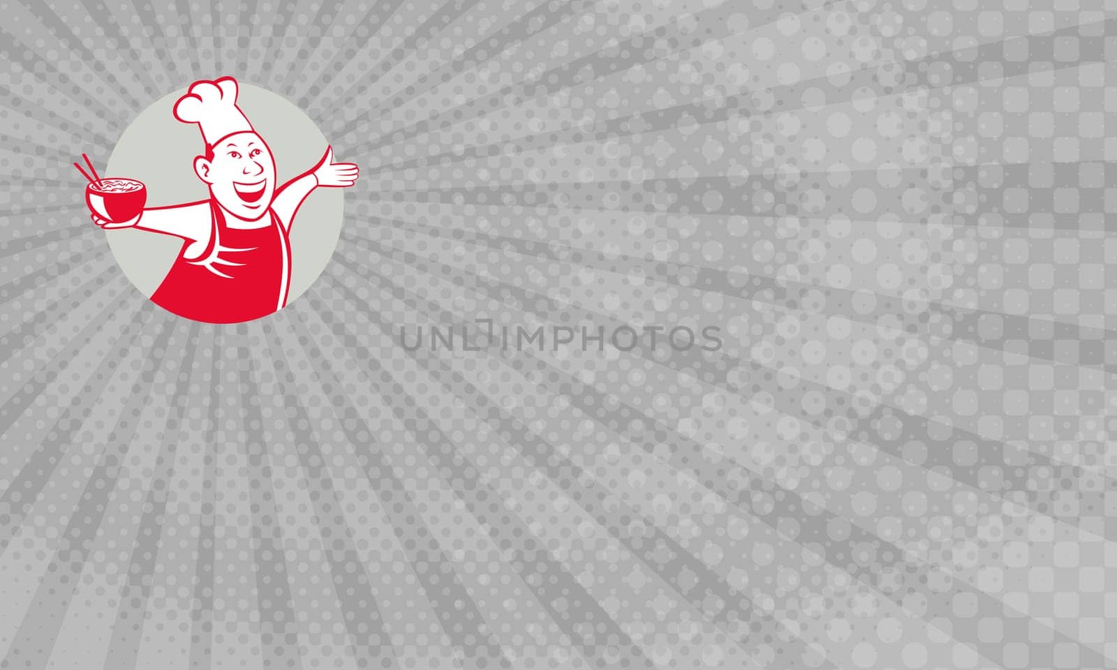 Business Card showing Illustration of an asian chef dancing holding serving a bowl of noodle viewed from front set inside circle on isolated background done in cartoon style. ...