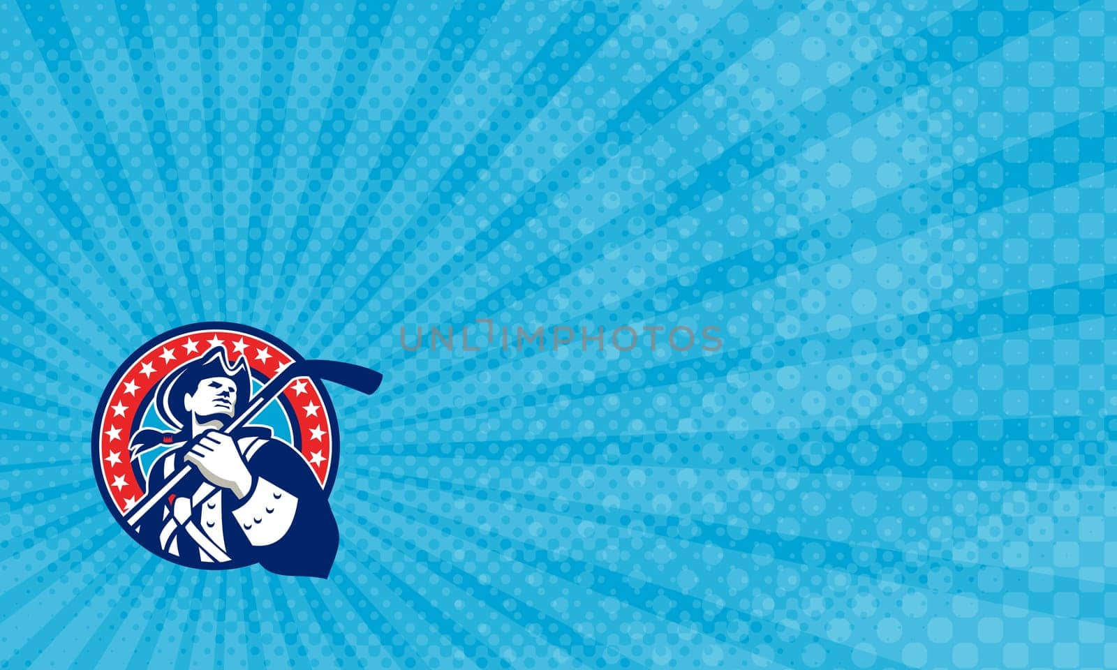 Business Card showing Illustration of an american patriot holding ice hockey stick looking to the side viewed from front set inside circle with stars in the background done in retro style. ..