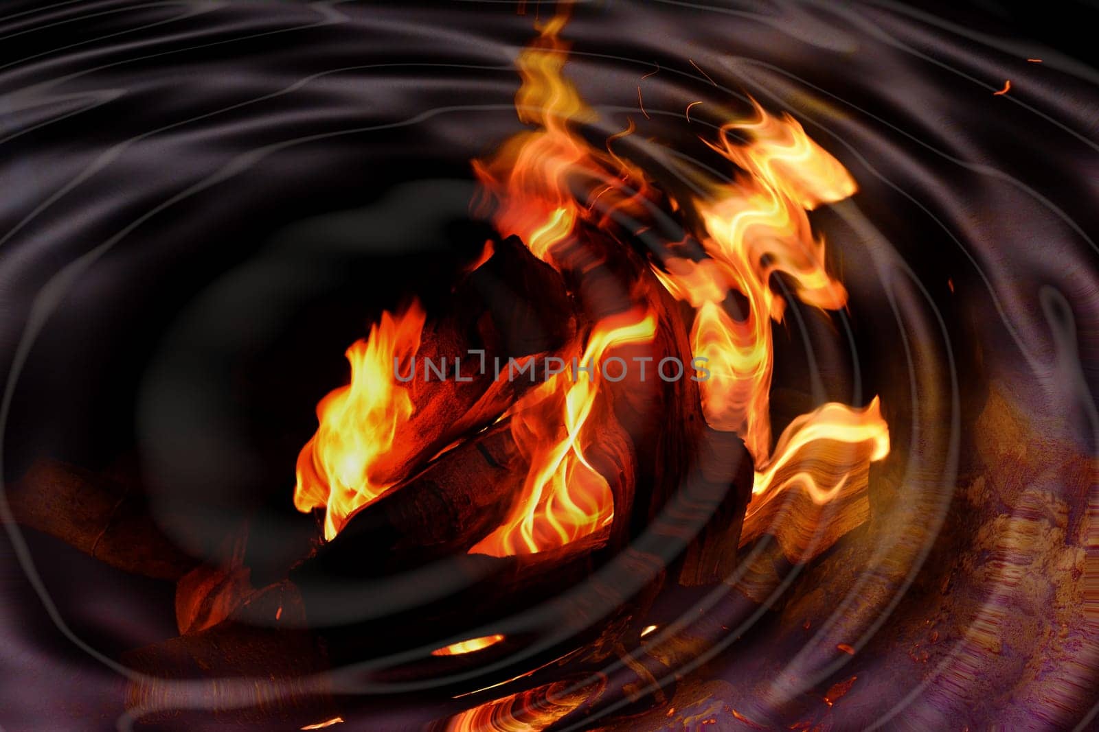 Large fire is reflected on water surface with water rings