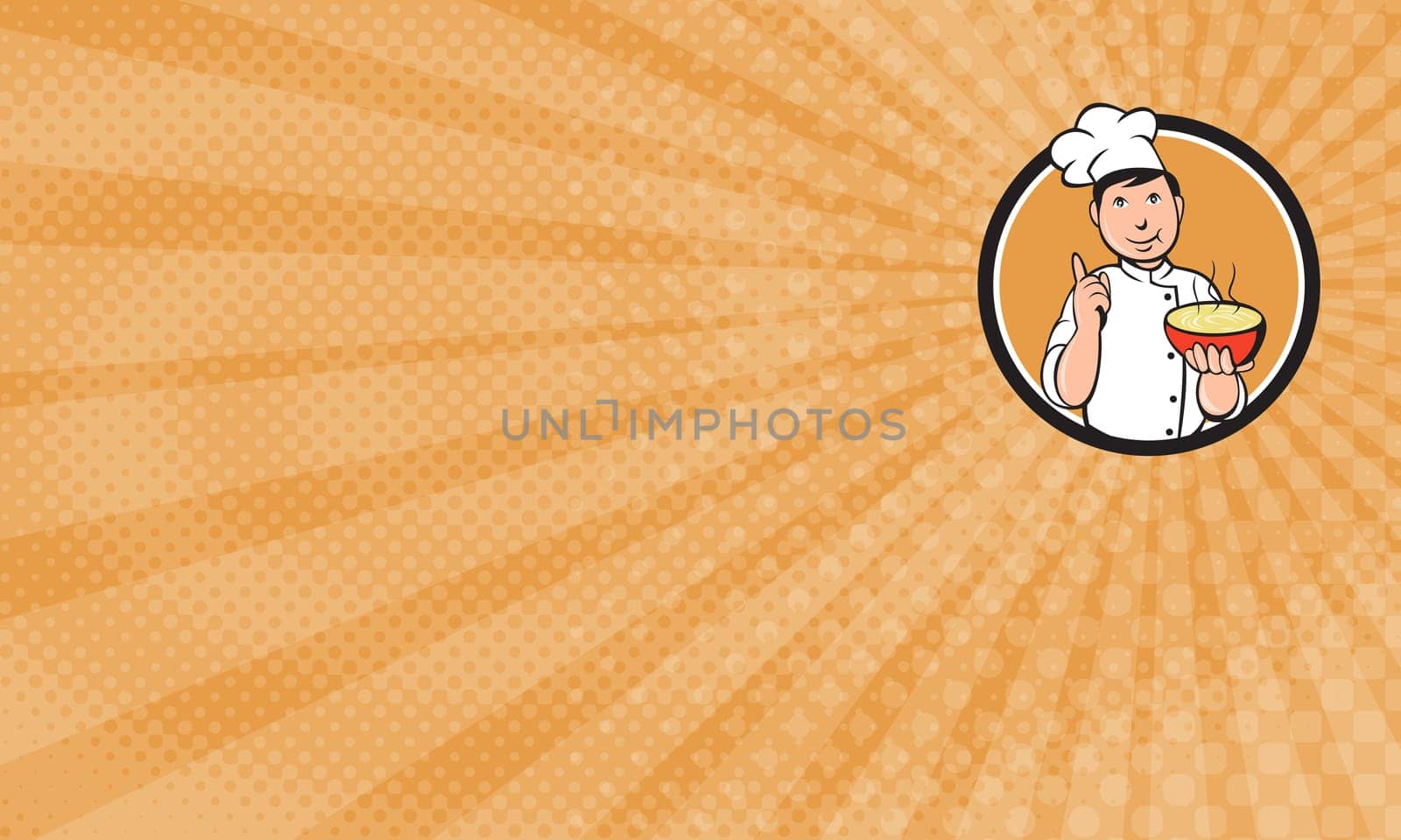 Business Card showing. Illustration of an asian chef holding a bowl of noode and doing the number one sign with the other hand viewed from front set inside circle on isolated background done in cartoon style. ..