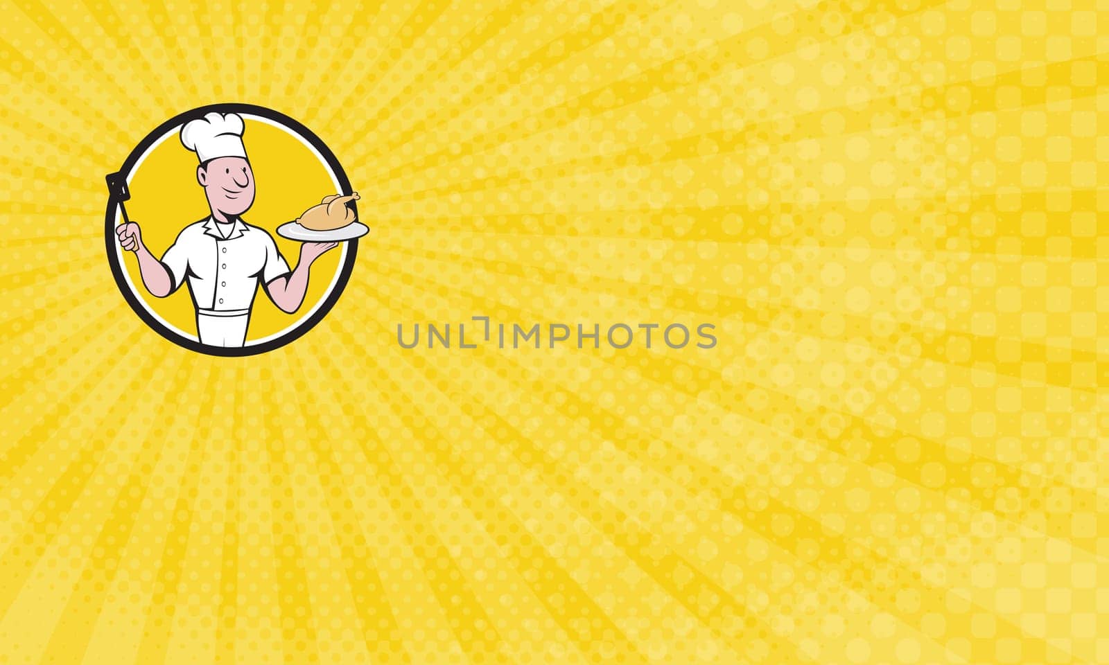 Business Card showing Illustration of a chef cook serving roast chicken on a platter on one hand and holding a spatula on the other hand viewed from front set inside circle  on isolated background done in cartoon style. ..