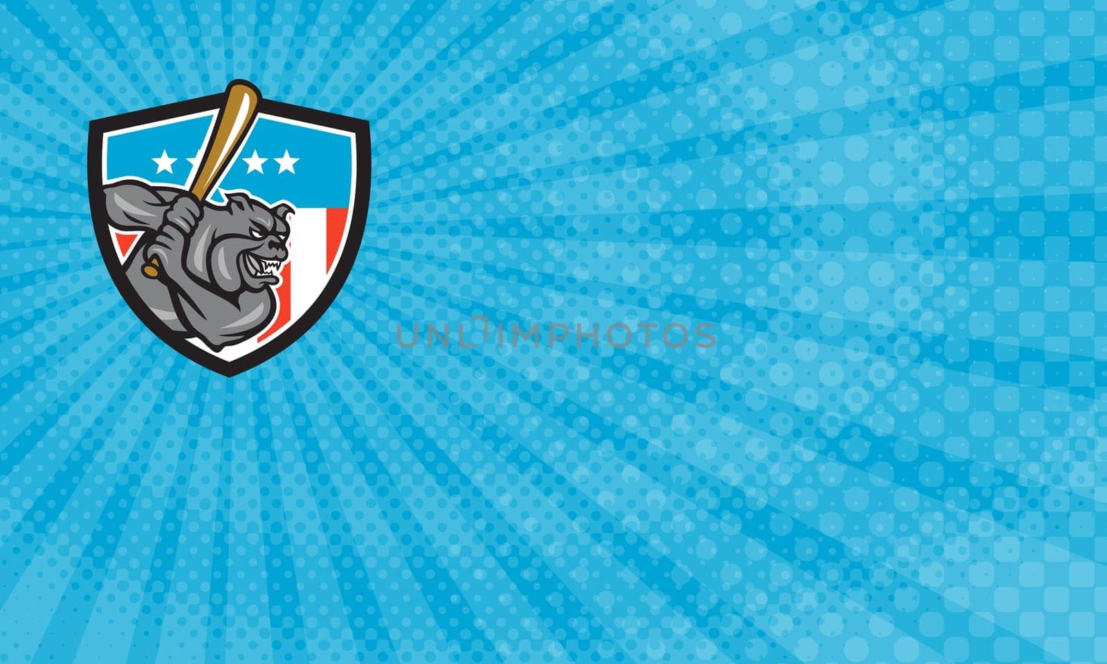 Business Card showing Illustration of a bulldog baseball player batter hitter batting viewed from side set inside shield crest with usa stars and stripes flag in the background done in retro style. ...