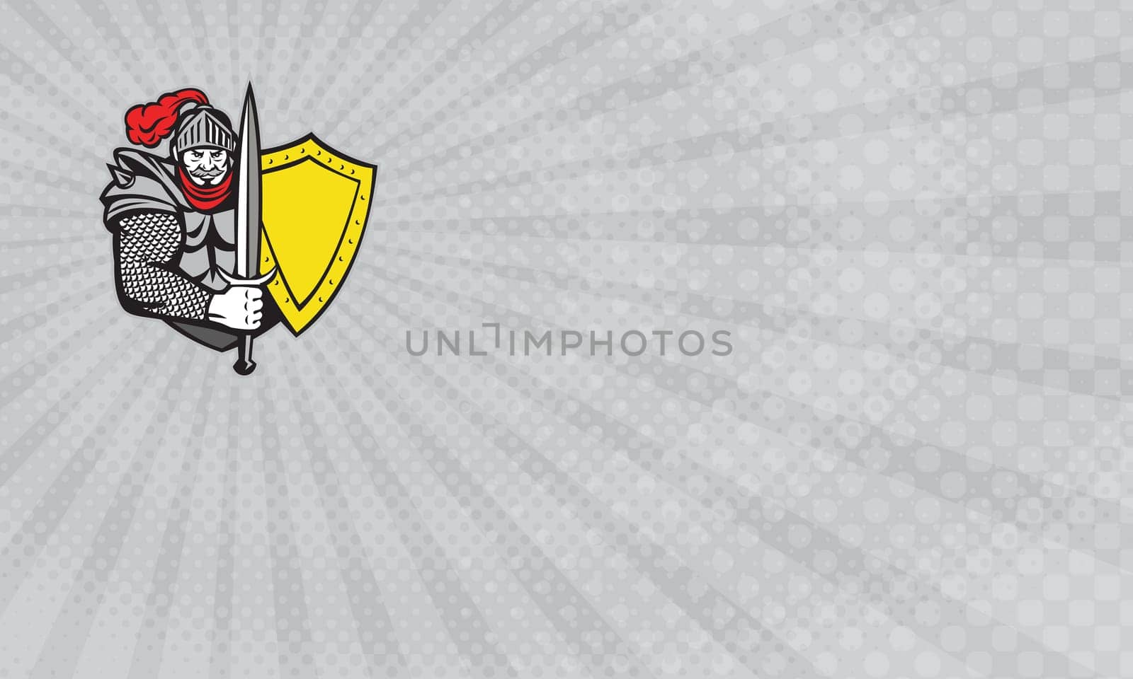 Business Card showing Illustration of a knight in full armor with open visor holding sword and shield viewed from the front set on isolated white background done in retro style. ...