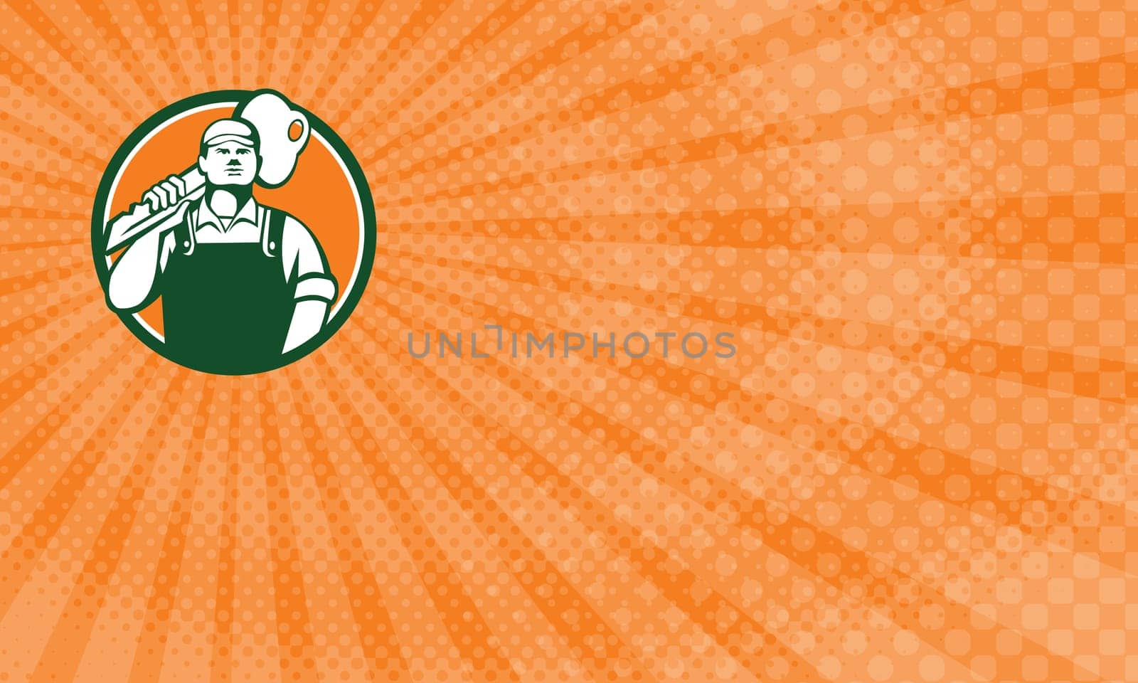 Business Card showing illustration of a locksmith standing facing front carrying key on shoulder set inside circle on isolated background done in retro style....