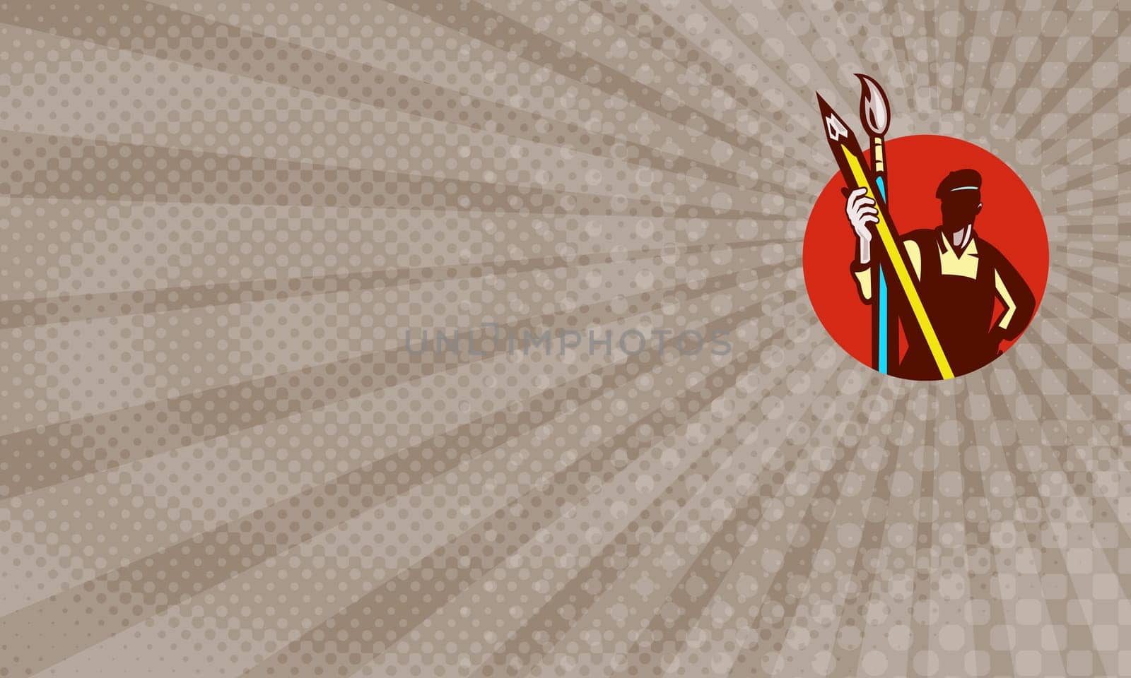 Business Card showing Illustration of an artist painter holding a pencil and paintbrush set inside circle on isolated background done in retro style....