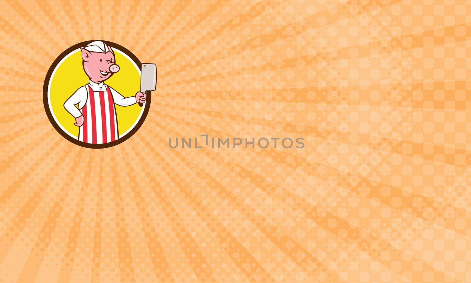 Business Card showing Illustration of a butcher pig holding meat cleaver viewed from front set inside circle on isolated background done in cartoon style. ...