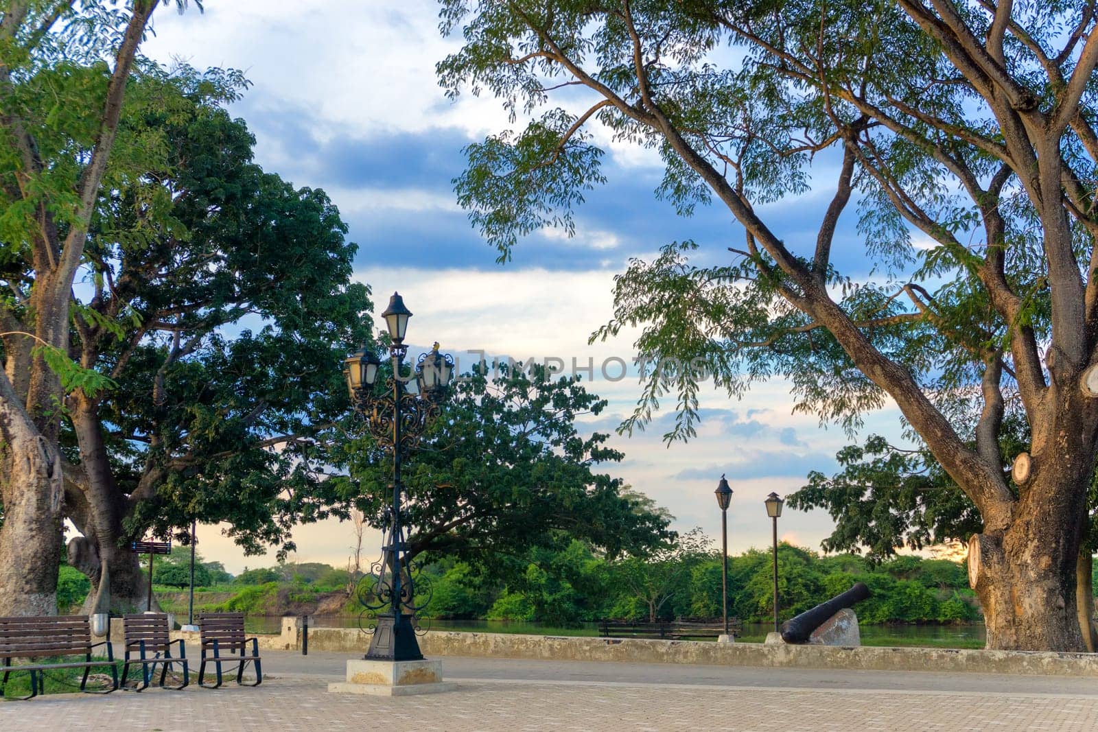 Park on the waterfront in Mompox, Colombia