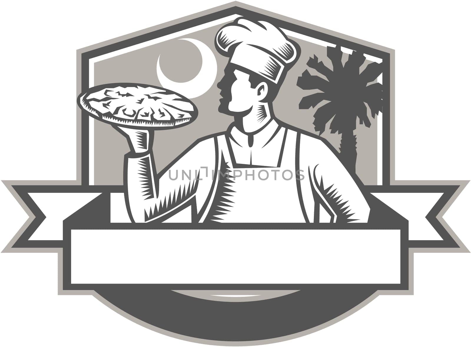 Illustration of a pizza chef baker serving holding pizza looking to the side viewed from front set inside shield crest with moon and palmetto tree in the background done in retro style.
