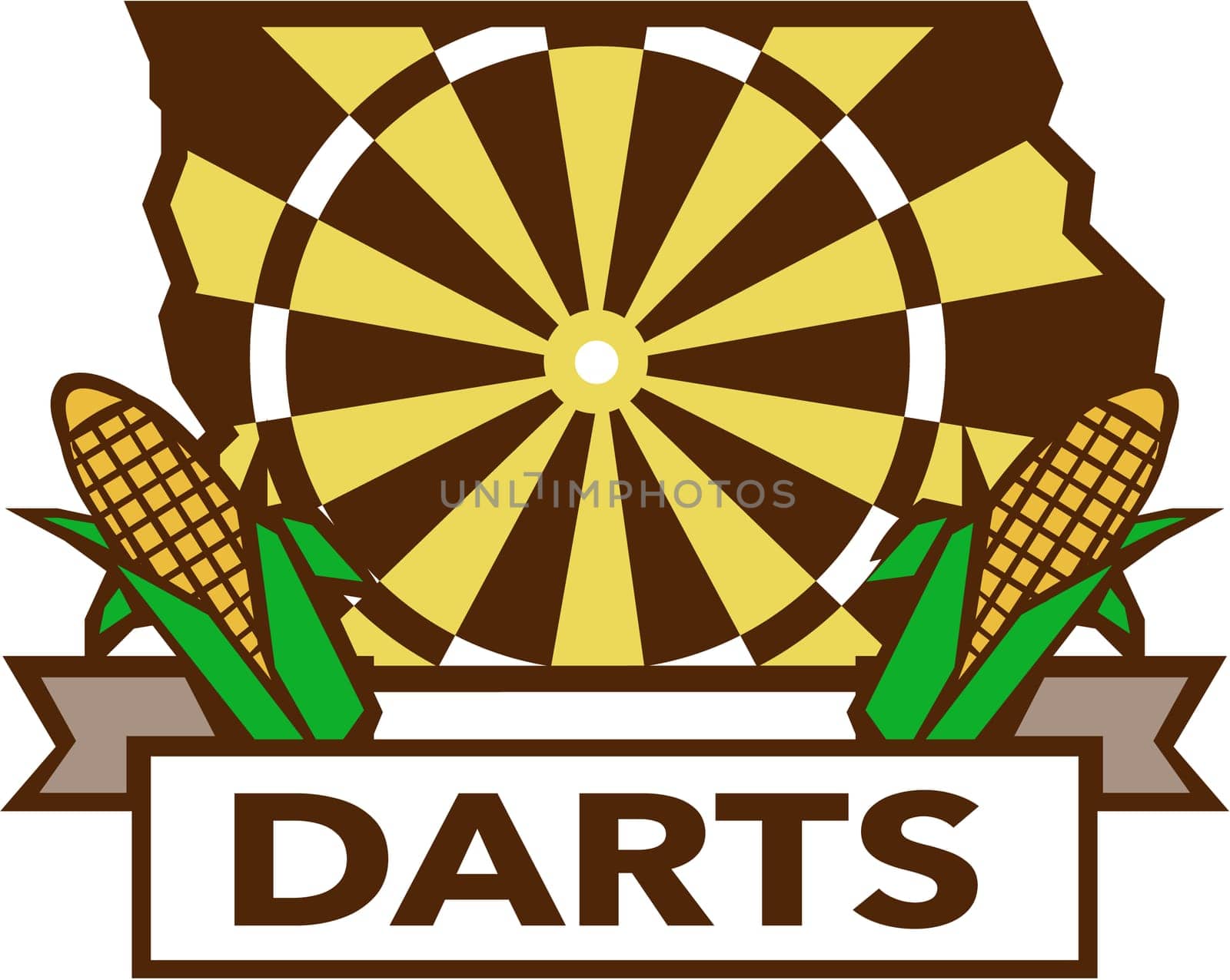 Illustration of a Iowa state map dart board and corn set on isolated white background with the word text Darts done in retro style.