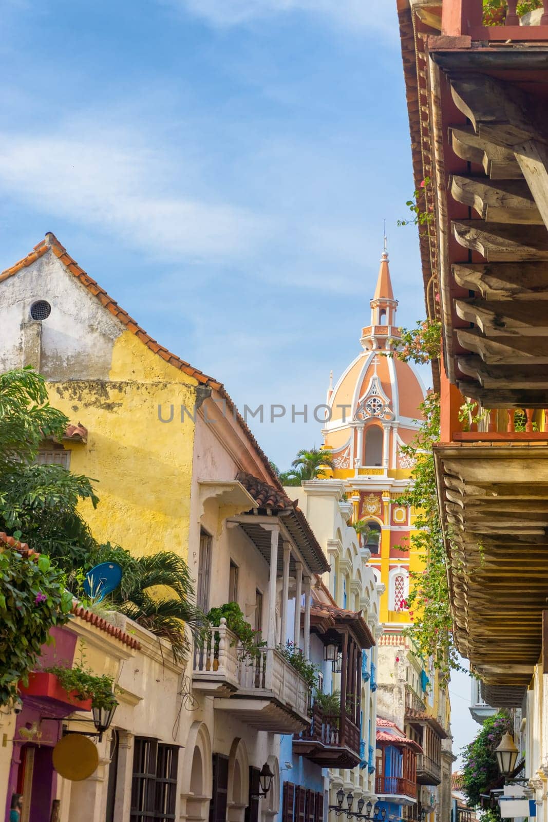 Vertical view of colorful colonial architecture and the cathedral in Cartagena, Colombia
