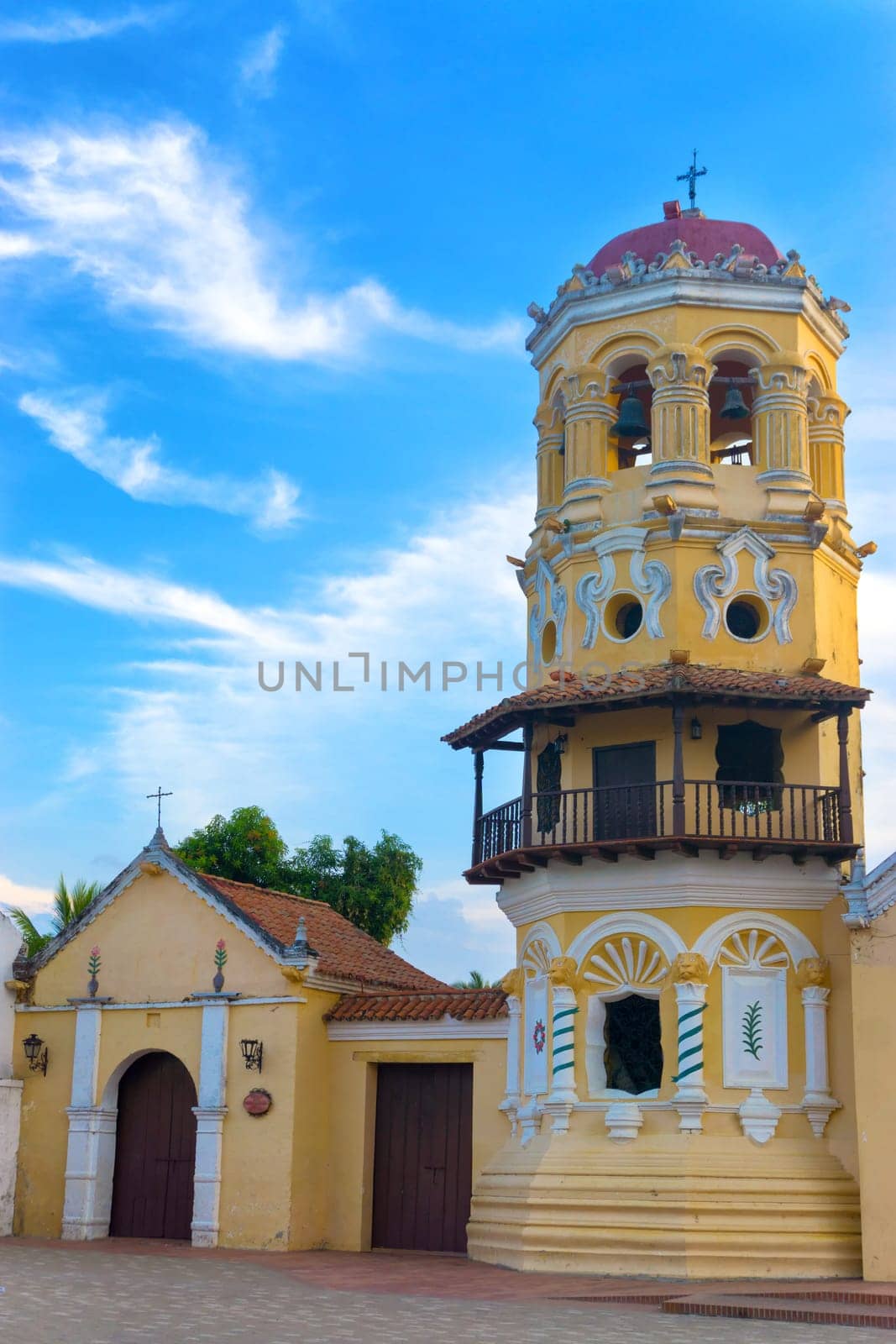 Beautiful tower of the Santa Barbara Church in Mompox, Colombia
