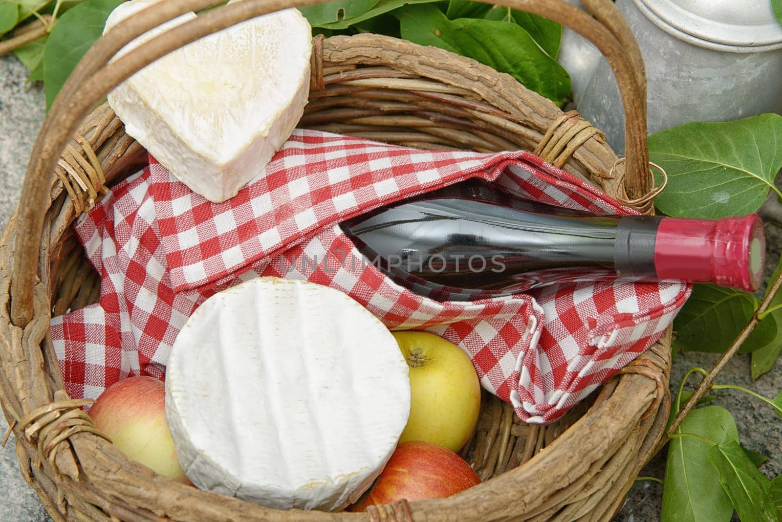 Camembert and Neufchatel cheese with bottle of wine