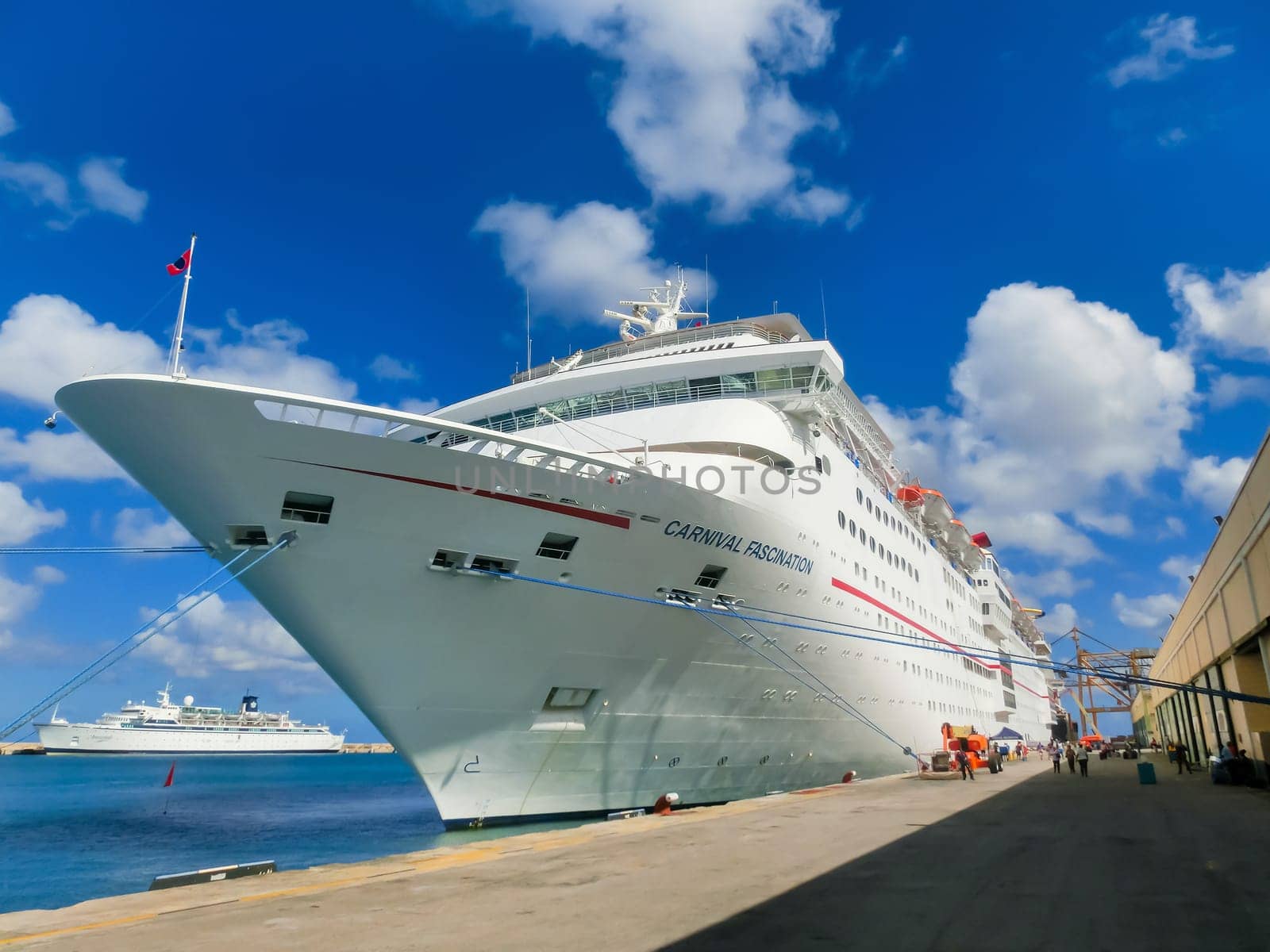 Barbados, Barbados - May 11, 2016: The Carnival Cruise Ship Fascination at dock. She is one of 8 sister ships and received a million dollar refurbishment in 2006