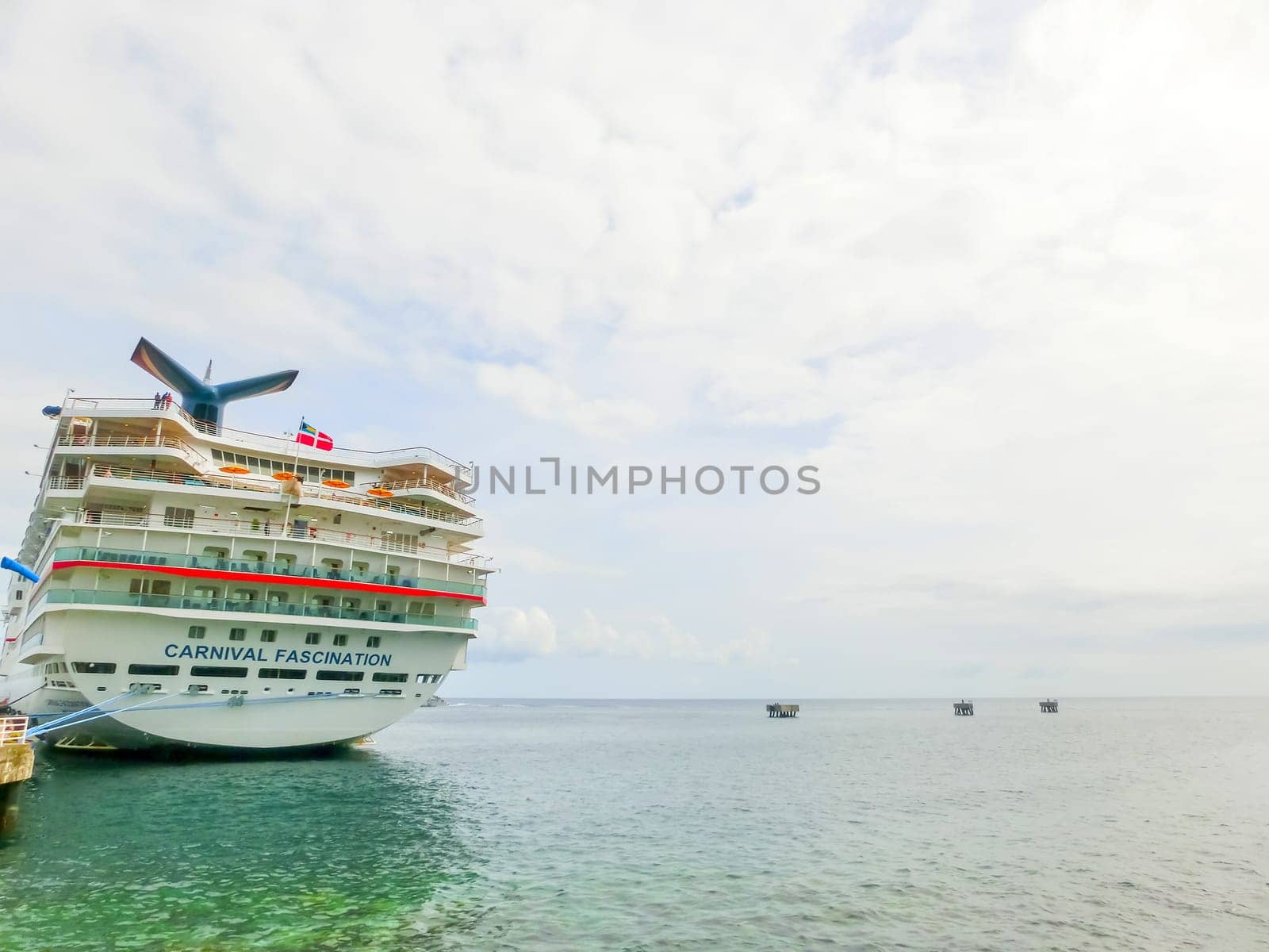 Saint Kitts, Federation of Saint Kitts and Nevis - May 13, 2016: The Carnival Cruise Ship Fascination at dock. She is one of 8 sister ships and received a million dollar refurbishment in 2006