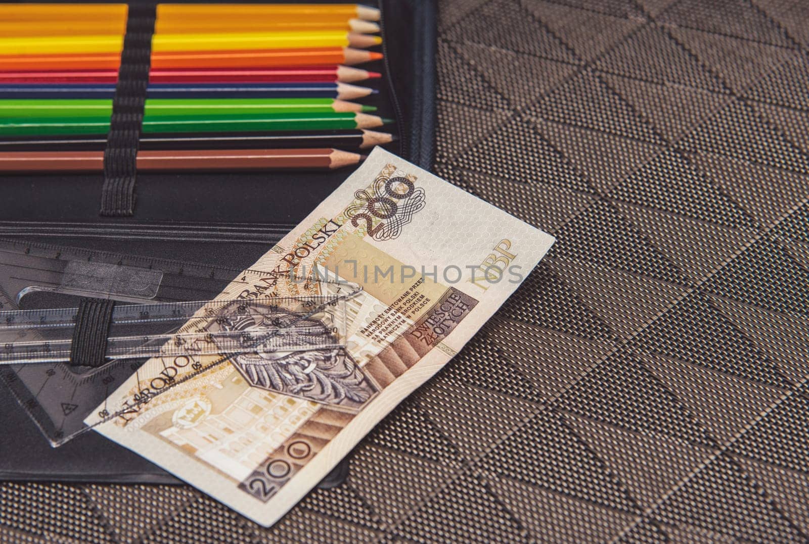 expensive school theme,pencil case with polish money