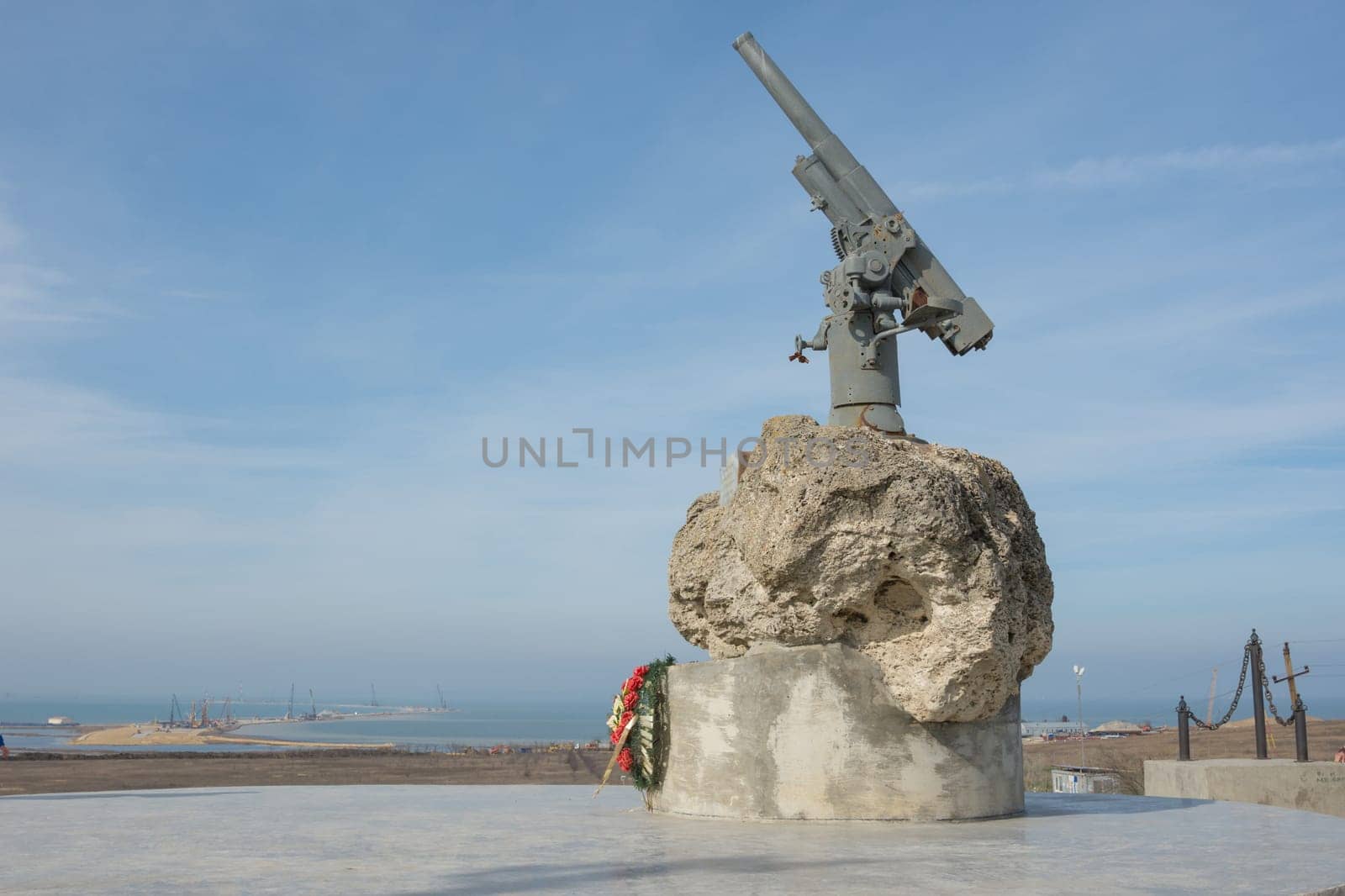 Taman, Russia - March 8, 2016: A monument to Soviet paratroopers in the Tuzla Spit - Lender gun with armored BKA 73 Azov flotilla Black Sea Fleet, who died 02.11.1943 in Kerch-Eltigen Operation