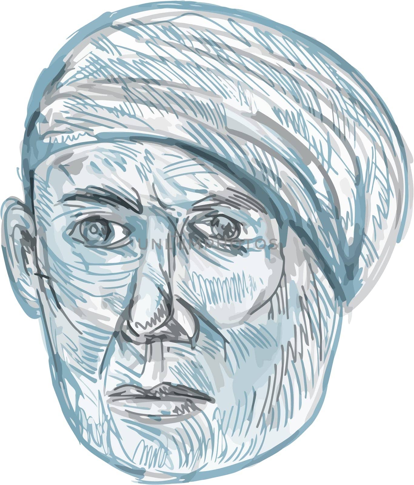 Drawing sketch style illustration of an old man wearing turban viewed from front set on isolated white background.