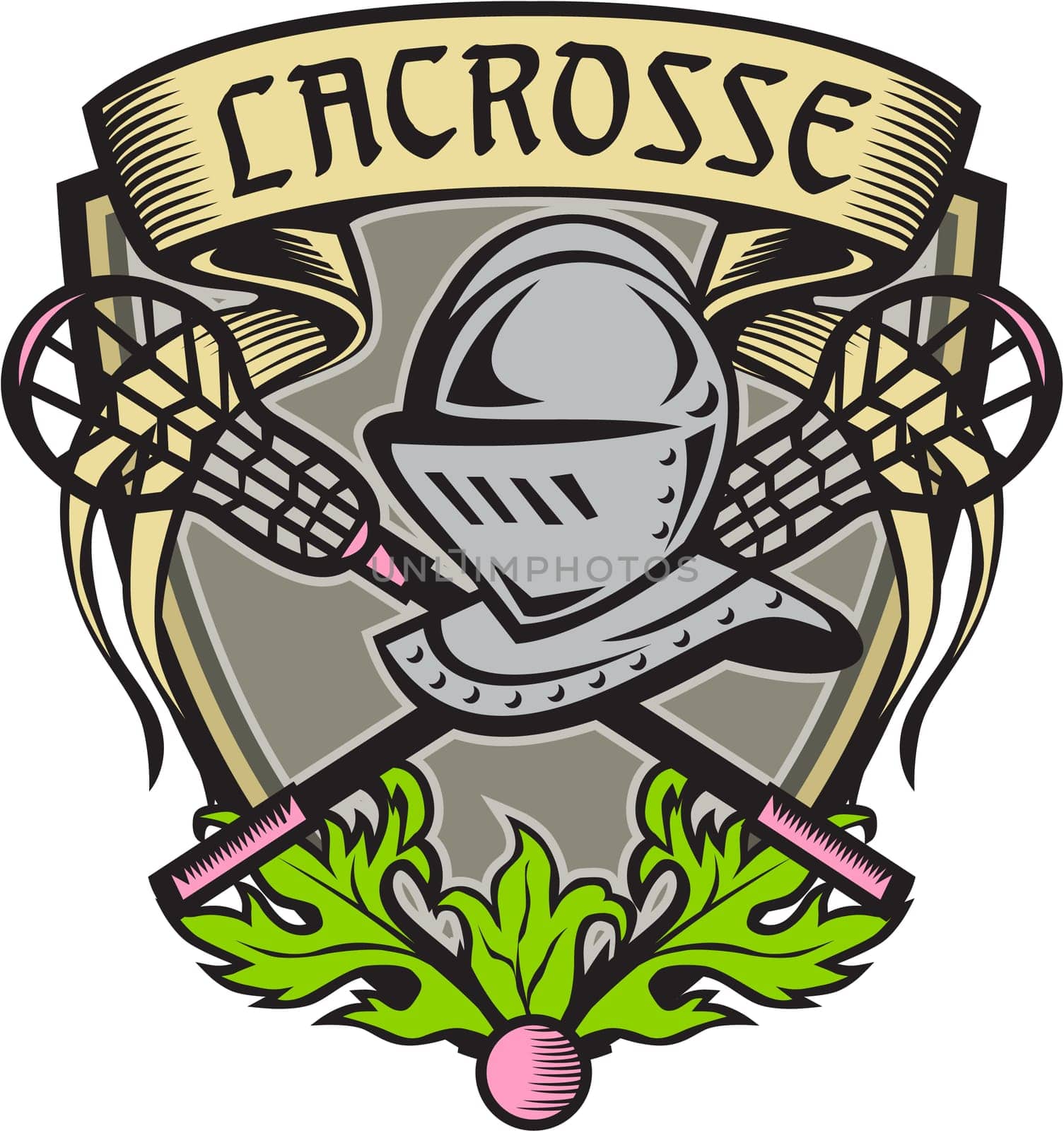 Illustration of a knight armor helmet with crossed lacrosse stick set inside shield crest with word text Lacrosse on top done in retro woodcut style. ..
