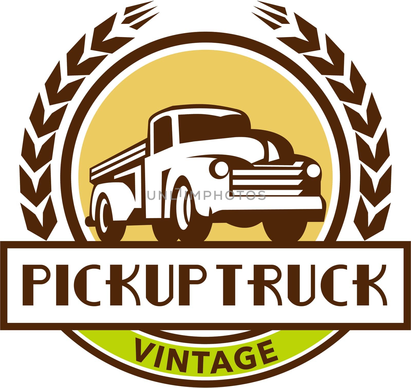 Illustration of a vintage pick up truck set inside circle with stylized wheat wreath and the words text Pickup Truck Vintage done in retro style.