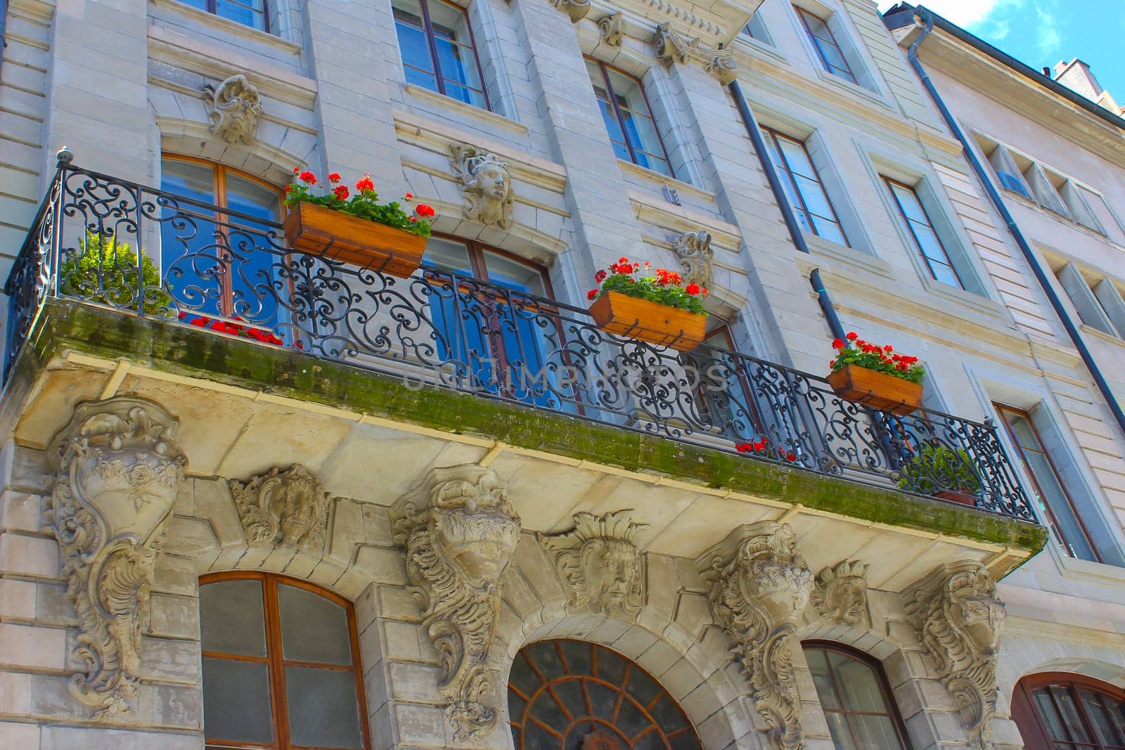 Geneva, Switzerland - June 17, 2016: Building architecture close up in Geneva city, Switzerland